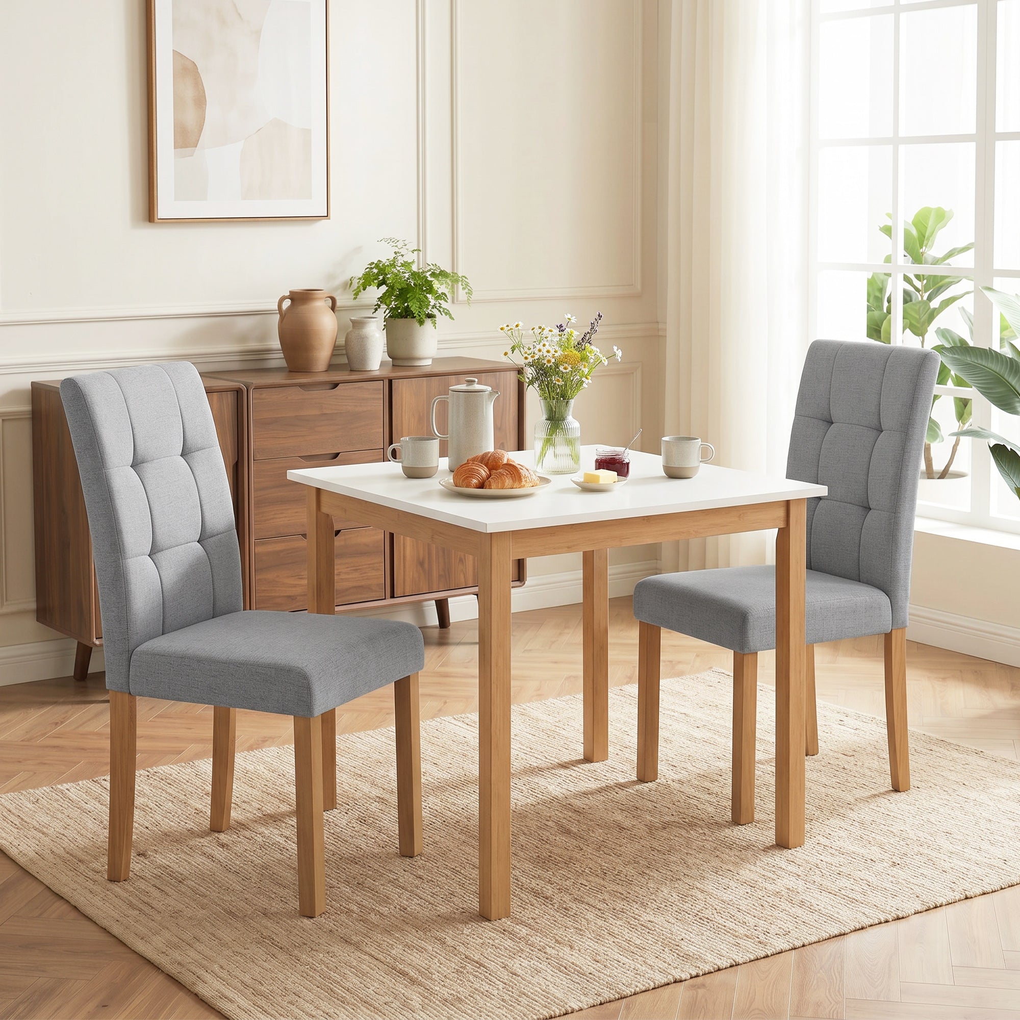 Lot de 2 chaises de salle à manger, chaise de cuisine moderne avec siège rembourré en tissu effet lin et pieds en bois d'hévéa, pour salon, salle à manger, gris clair et naturel