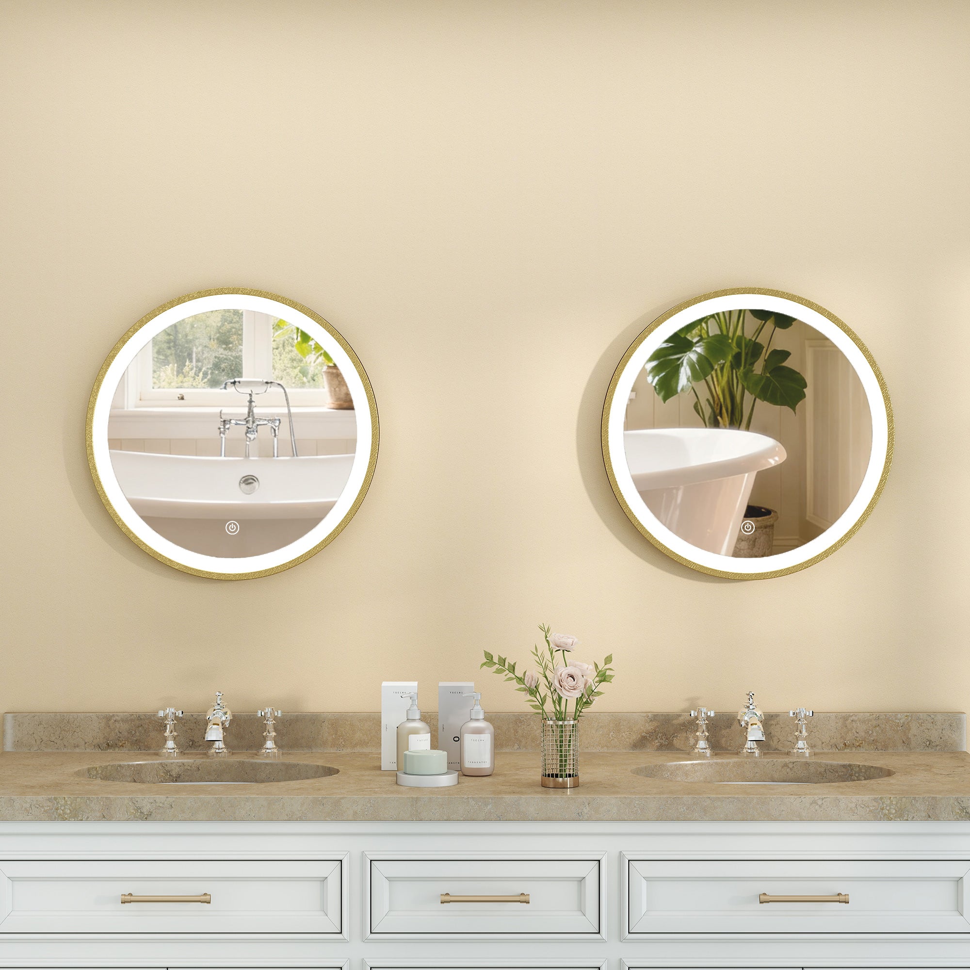 Miroir salle de bain avec éclairage LED rond 40 cm, miroir lumineux mural à 3 températures de couleur, luminosité réglable, interrupteur tactile, doré