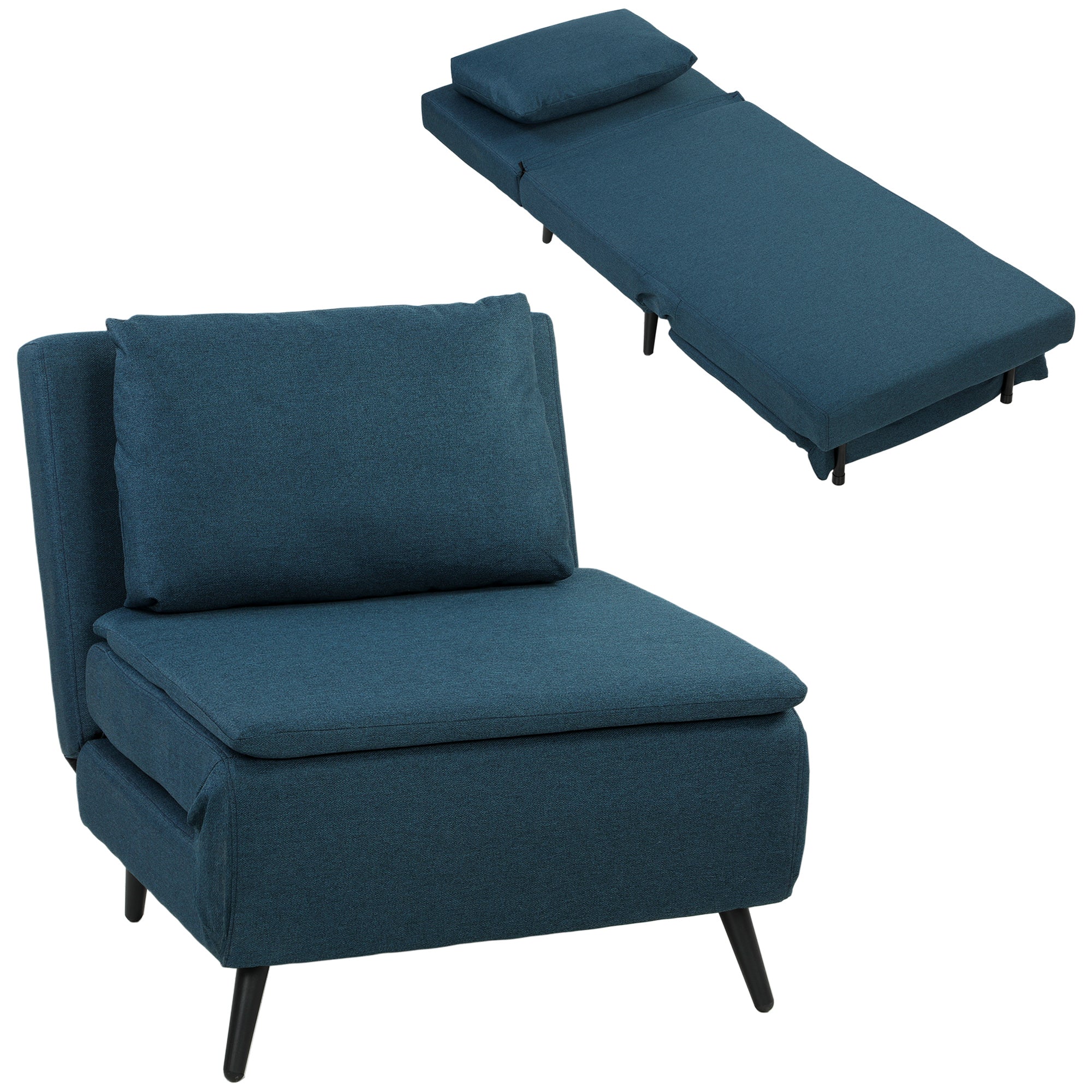 Fauteuil Convertible 1 Place, Fauteuil-Lit Clic-Clac 3 en 1 avec Dossier Réglable, Oreiller, Assise Large, Ressorts en S, Canapé-Lit Rembourré en Lin pour Invités, Salon, Bureau, Bleu