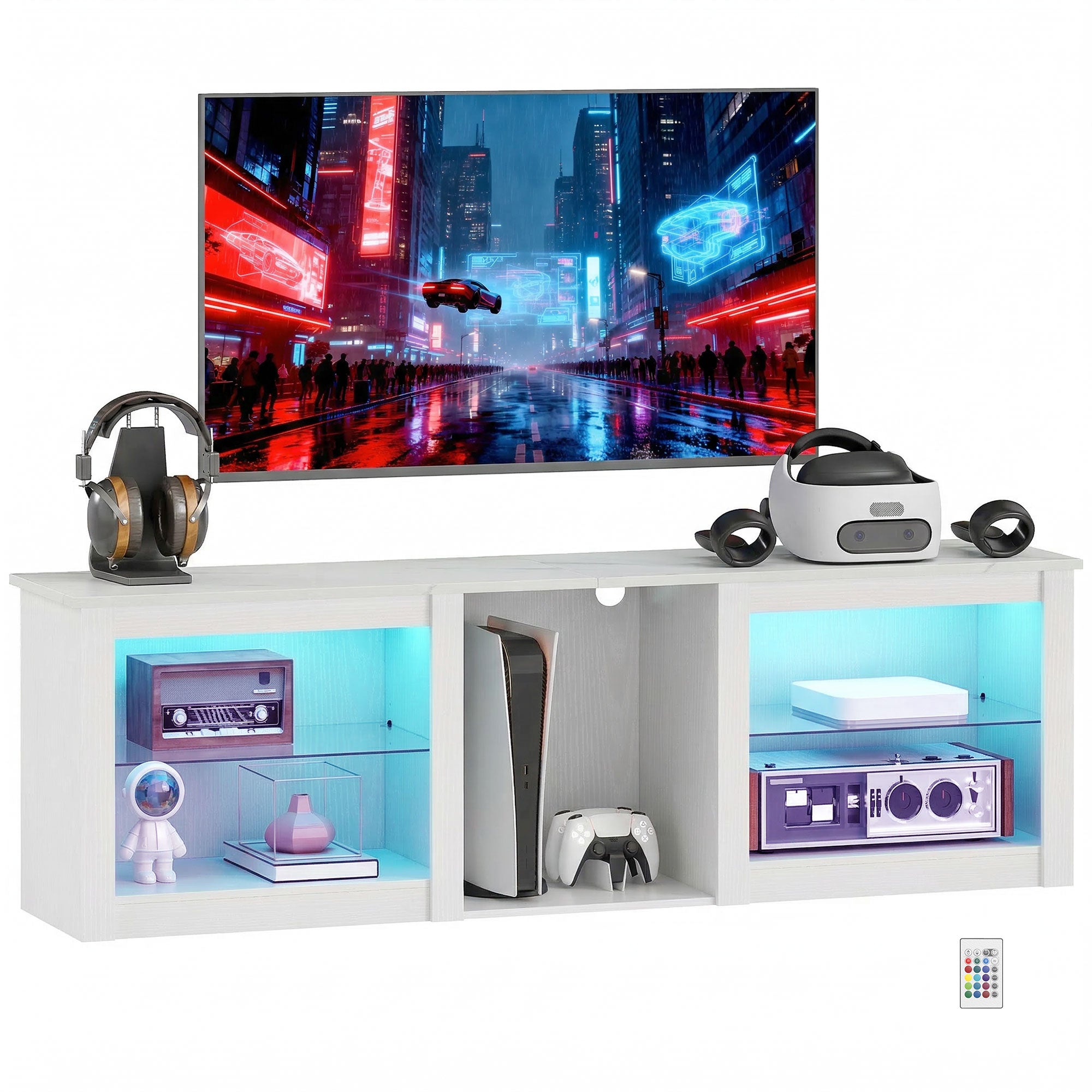 Meuble TV LED RGB meuble télé bois banc TV jusqu'à 70 pouces avec étagères en verre réglables, 5 niches, passe-câbles et télécommande pour salon, chambre à coucher, dim. 160 x 35 x 52 cm, blanc