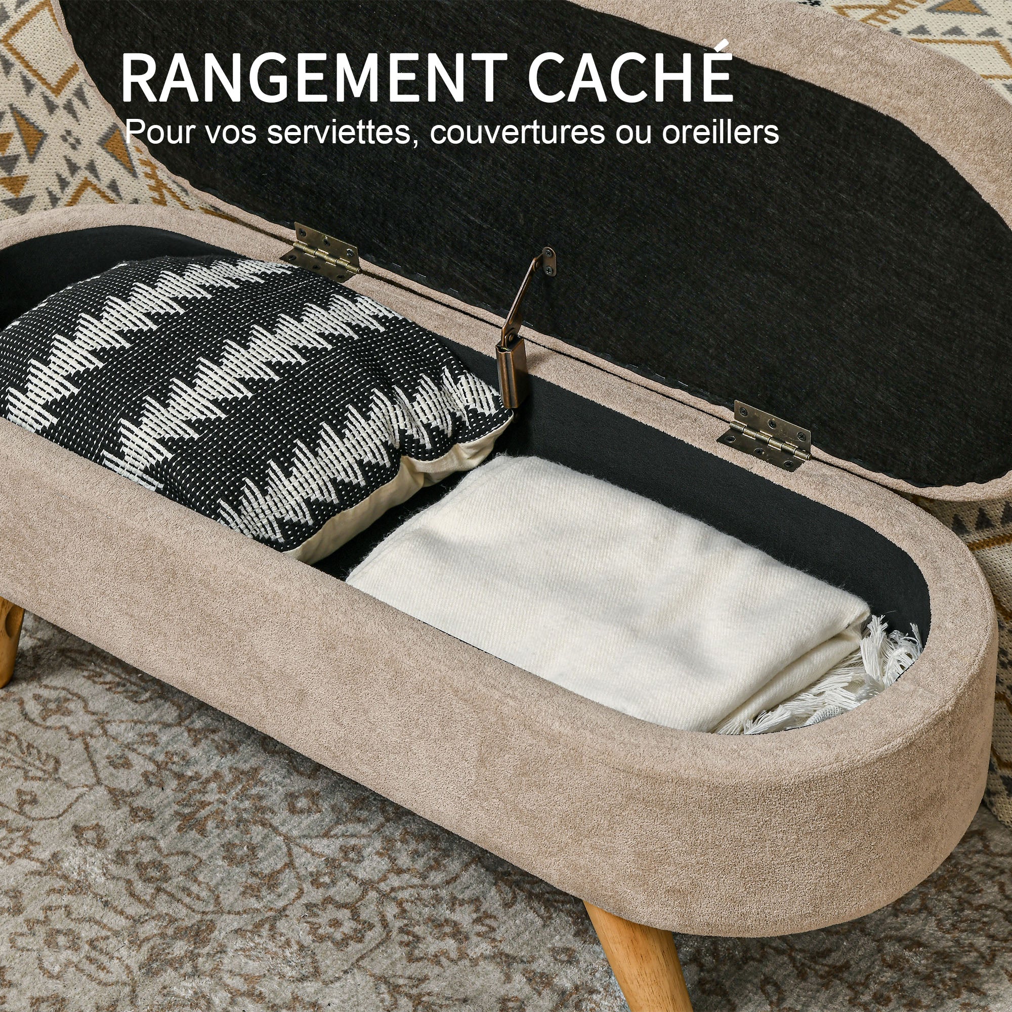 Banc banquette bout de lit coffre de rangement 2 en 1 en tissu avec pieds en bois 110l x 40P x 43H cm cm beige