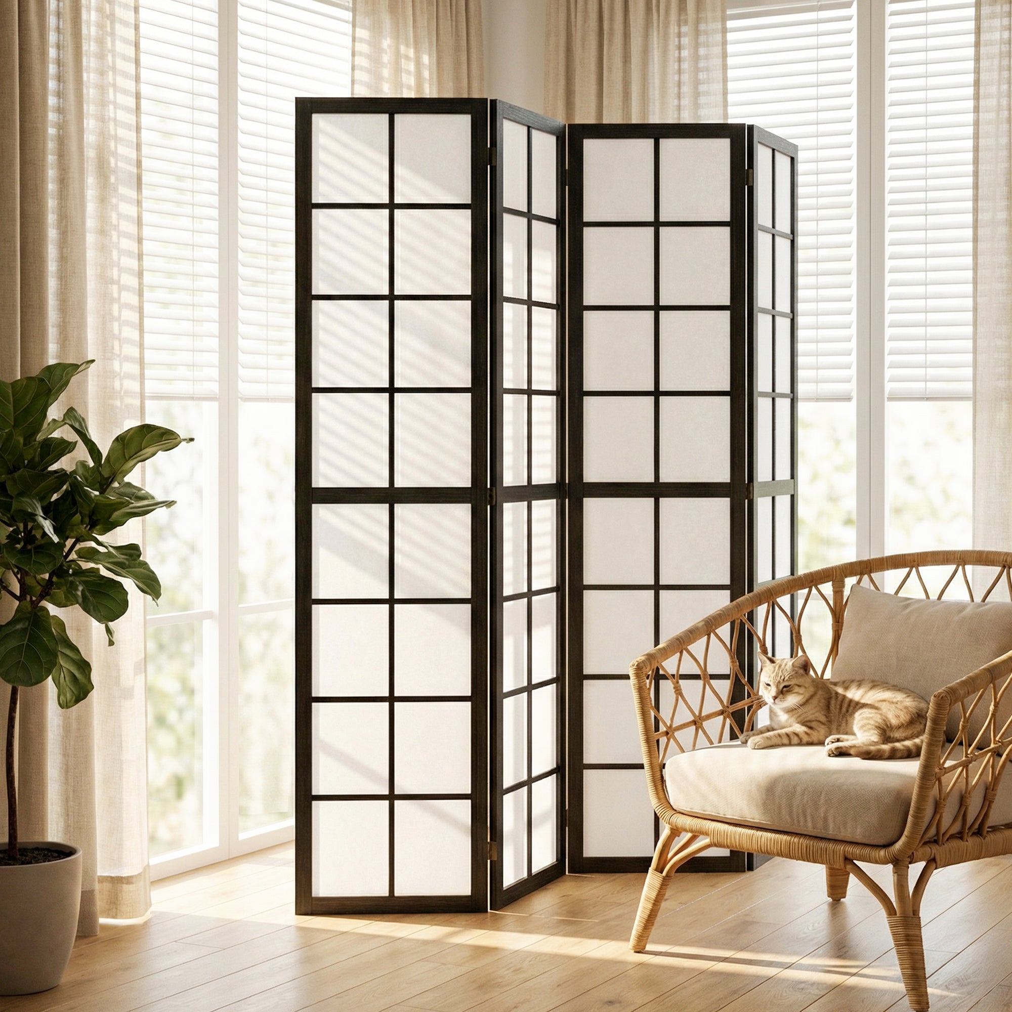 Paravent interieur pliable 4 panneaux 160 x 170 cm séparateur de pièce en bois closion de séparation pour salon chambre à coucher maison, noir