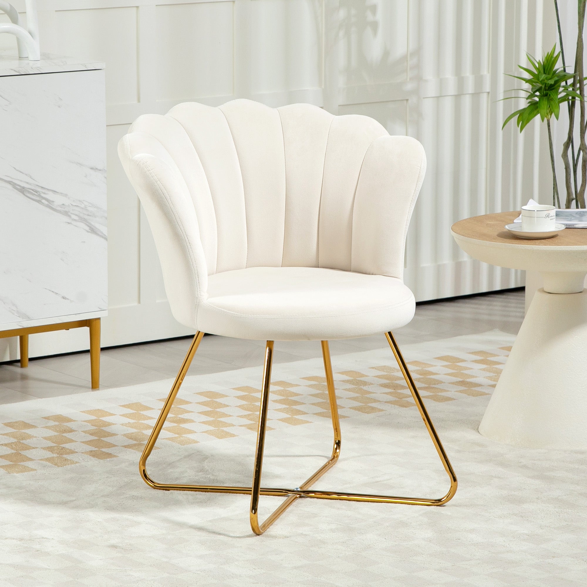 Fauteuil coquillage chaise coiffeuse fauteuil en velours fauteuil de salon avec pieds en acier pour salon et chambre 69 x 64 x 80 cm crème