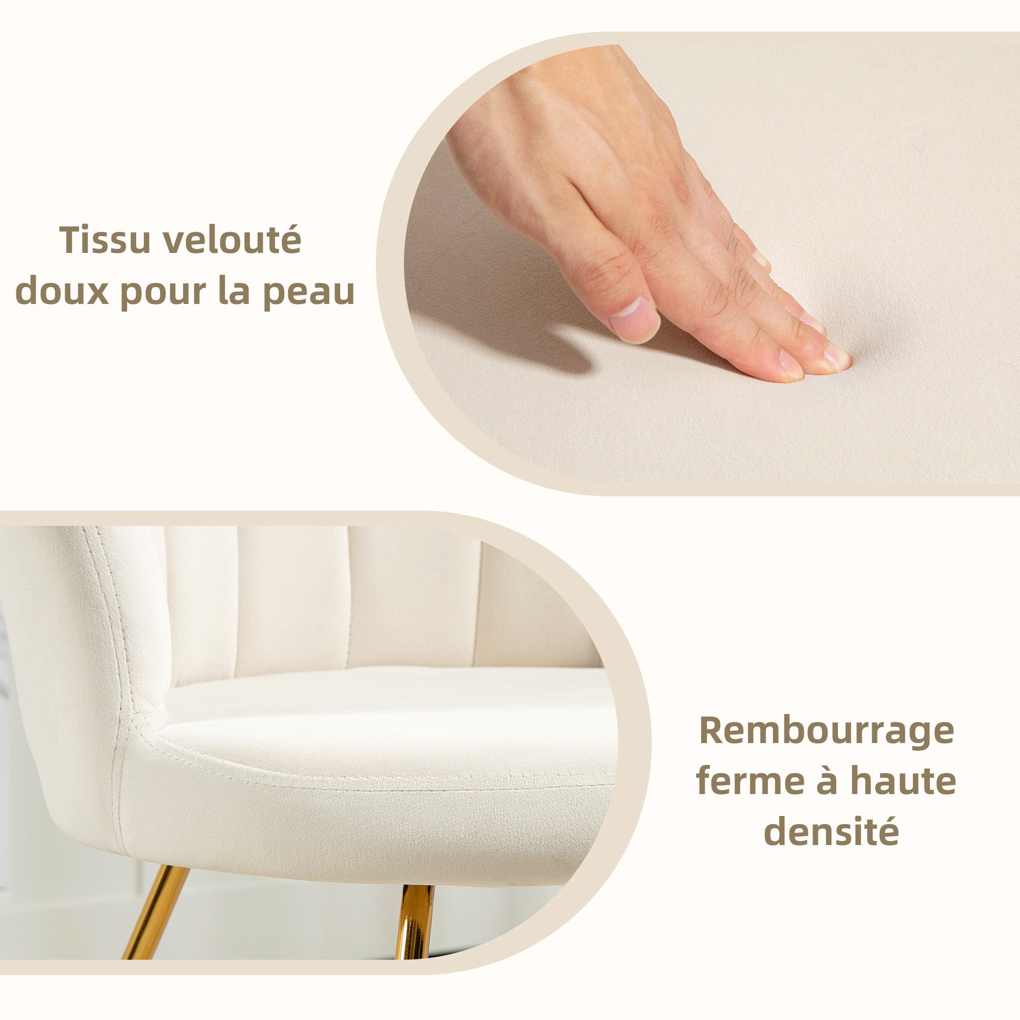 Fauteuil coquillage chaise coiffeuse fauteuil en velours fauteuil de salon avec pieds en acier pour salon et chambre 69 x 64 x 80 cm crème