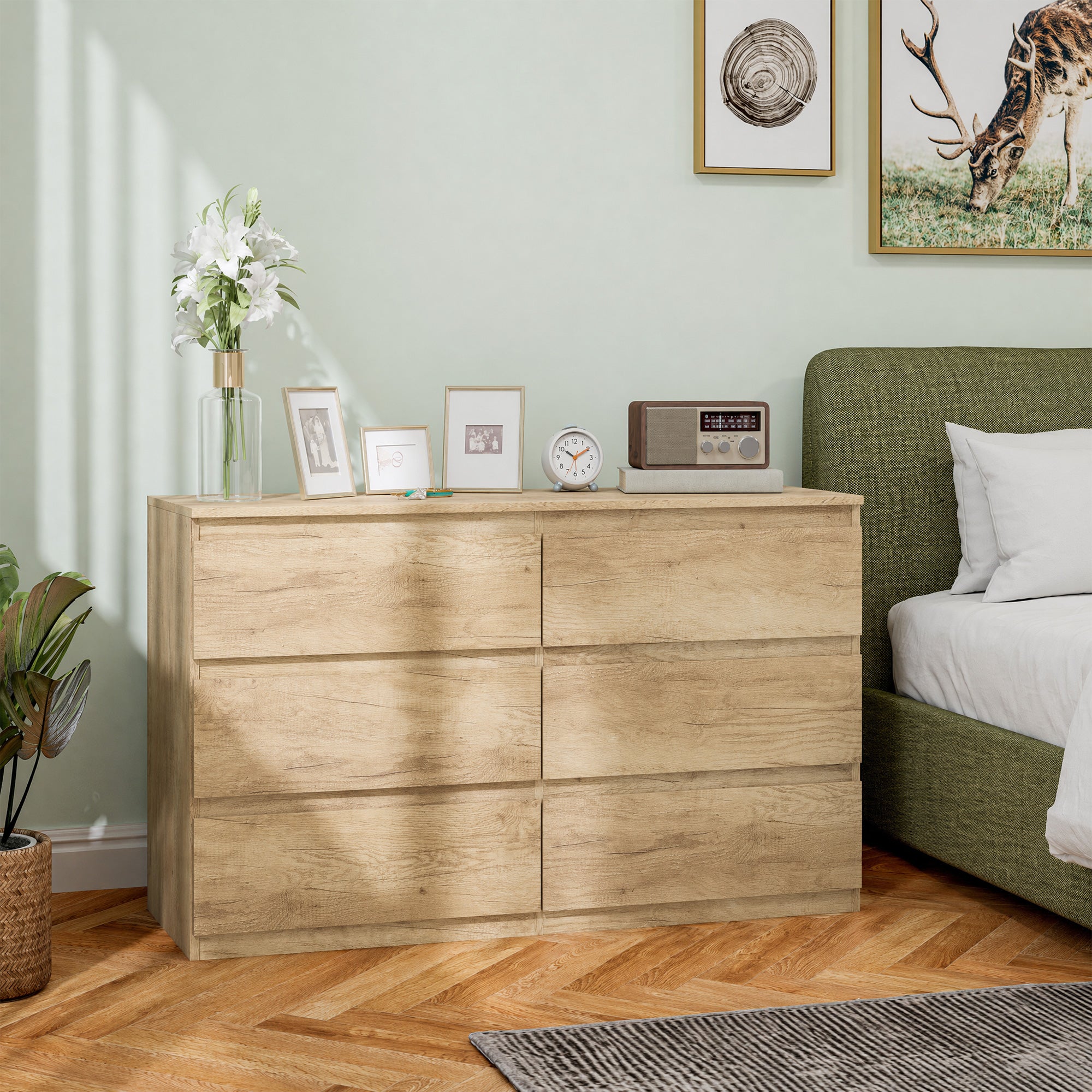 Commode 6 tiroirs, meuble de rangement étroit sans poignées, chiffonnier, style moderne, commode pour chambre à coucher, salon, couloir, 120 x 39 x 75 cm, chêne