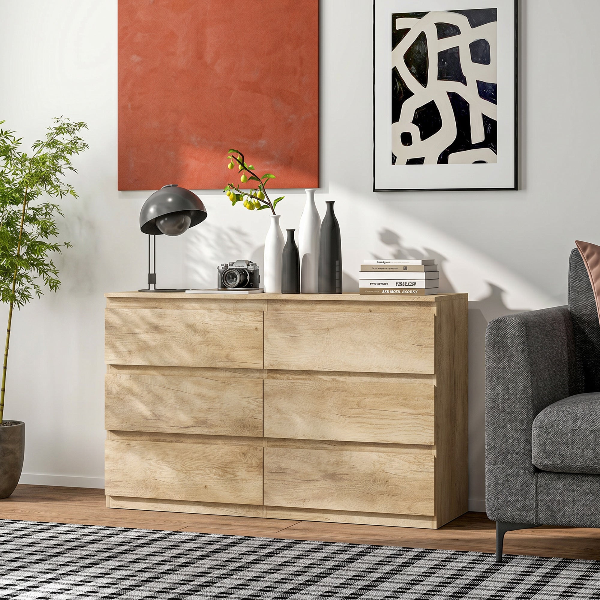 Commode 6 tiroirs, meuble de rangement étroit sans poignées, chiffonnier, style moderne, commode pour chambre à coucher, salon, couloir, 120 x 39 x 75 cm, chêne