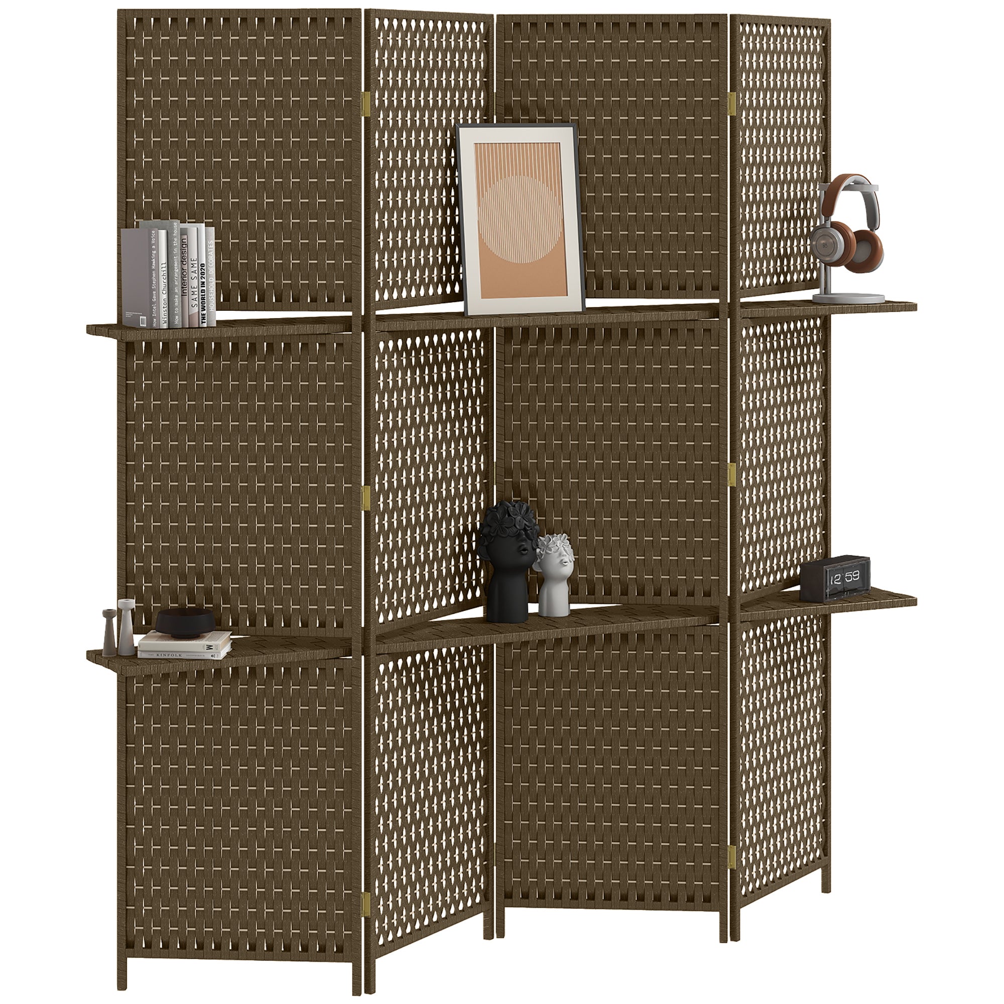 Paravent intérieur 4 panneaux 181L x 180H cm 2 étagères pliables séparateur de pièce bois de pin bambou fibres de papier tressée marron