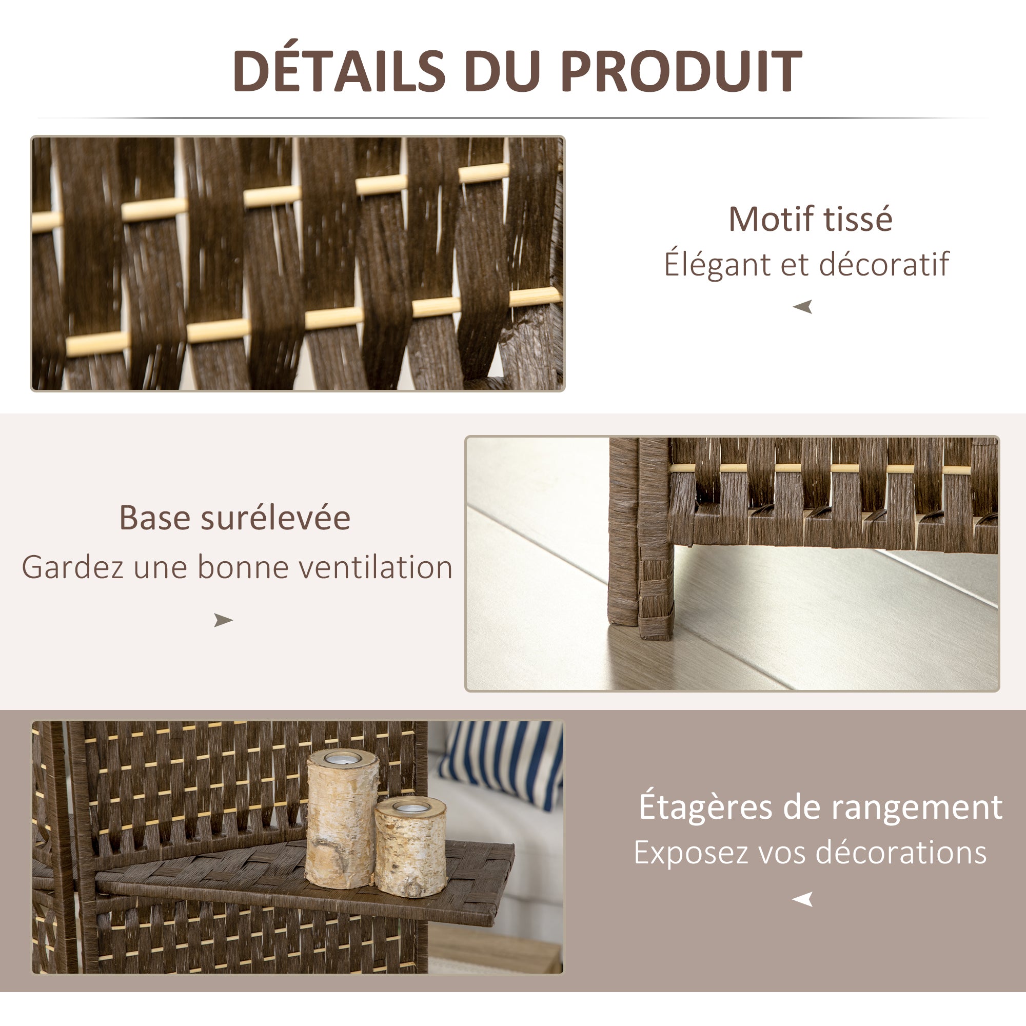 Paravent intérieur 4 panneaux 181L x 180H cm 2 étagères pliables séparateur de pièce bois de pin bambou fibres de papier tressée marron