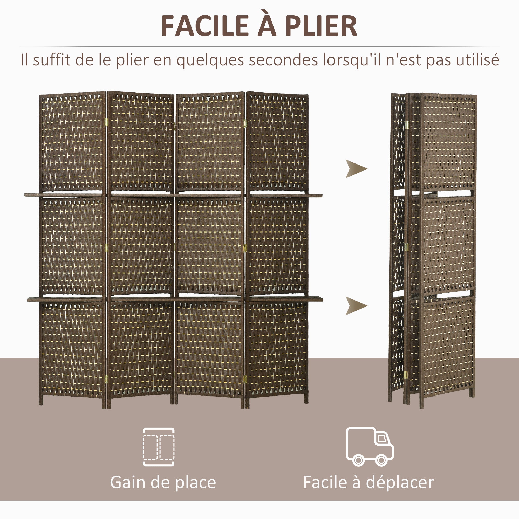Paravent intérieur 4 panneaux 181L x 180H cm 2 étagères pliables séparateur de pièce bois de pin bambou fibres de papier tressée marron