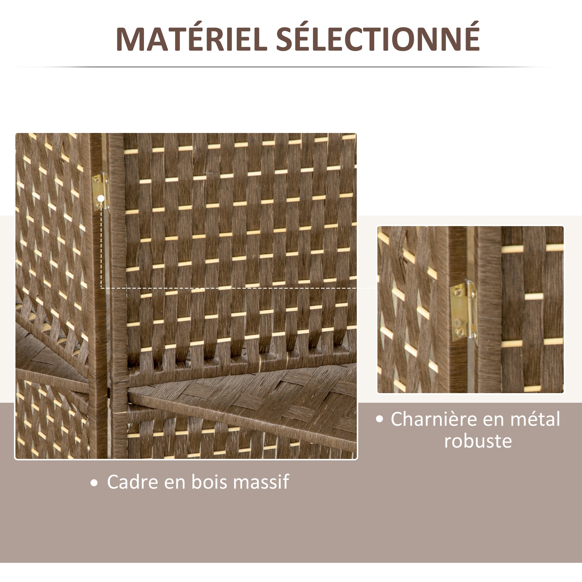 Paravent intérieur 4 panneaux 181L x 180H cm 2 étagères pliables séparateur de pièce bois de pin bambou fibres de papier tressée marron
