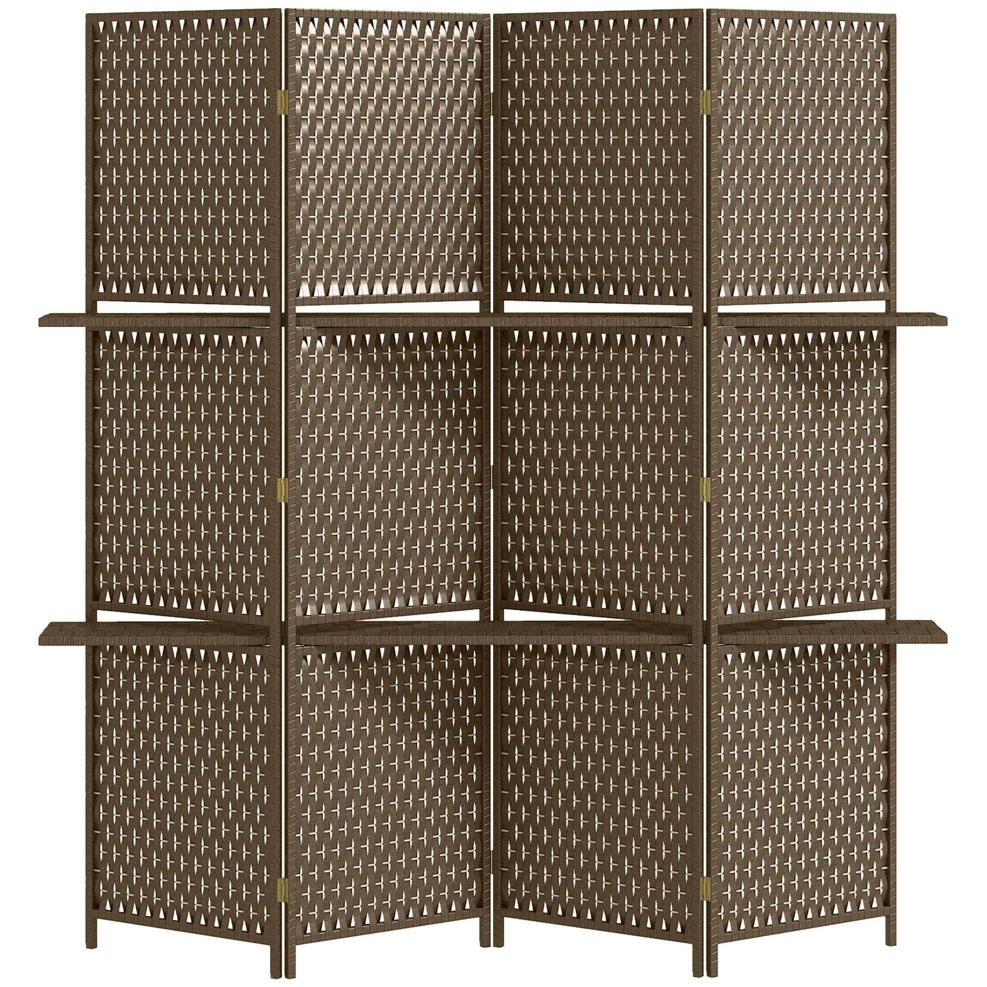 Paravent intérieur 4 panneaux 181L x 180H cm 2 étagères pliables séparateur de pièce bois de pin bambou fibres de papier tressée marron