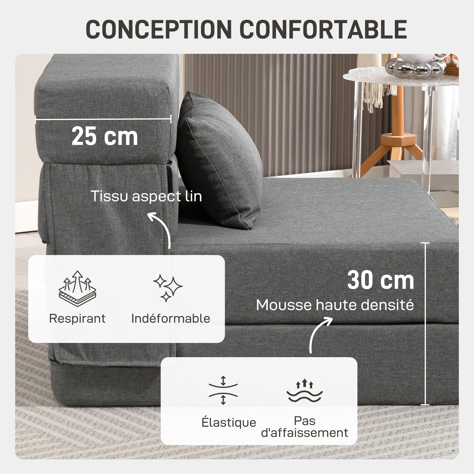 Fauteuil convertible 1 place fauteuil lit pliant chauffeuse 1 place 3 en 1 avec assise rembourré, coussin inclus, matelas pliable portable pour invités, salon, petit espace, charge 120 kg, gris