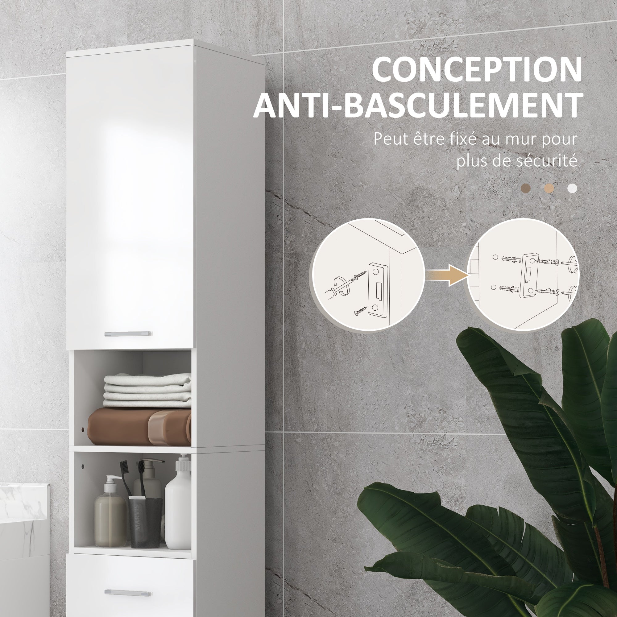 Armoire salle de bain haute, meuble de rangement colonne, placards, tiroir, étagères réglables, niches ouvertes, grand meuble étroit pour toilette, petits espaces, 30x30x180cm, blanc brillant