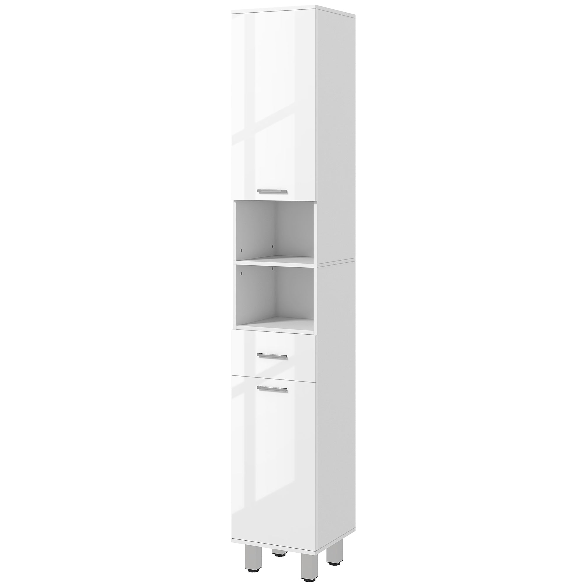 Armoire salle de bain haute, meuble de rangement colonne, placards, tiroir, étagères réglables, niches ouvertes, grand meuble étroit pour toilette, petits espaces, 30x30x180cm, blanc brillant