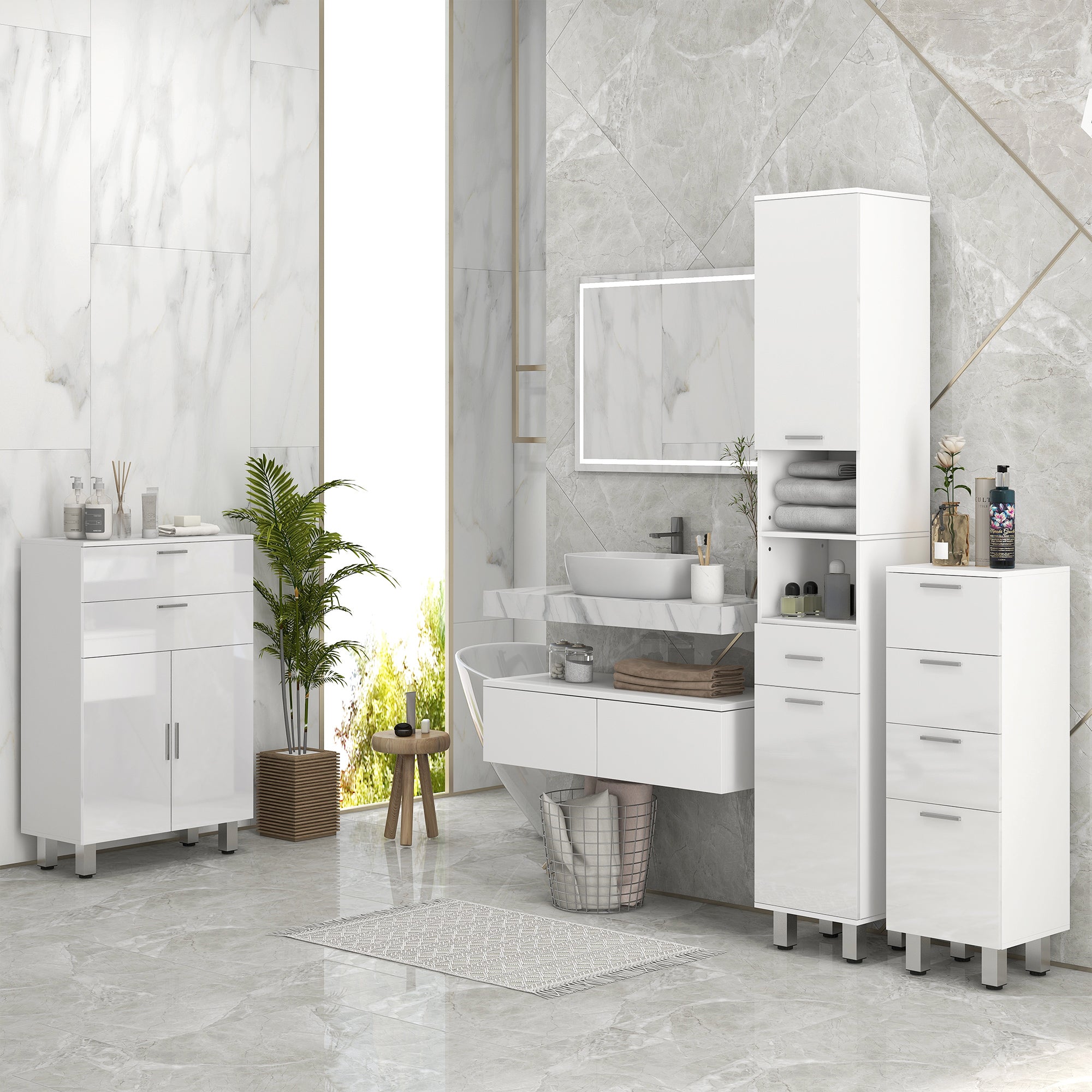 Armoire salle de bain haute, meuble de rangement colonne, placards, tiroir, étagères réglables, niches ouvertes, grand meuble étroit pour toilette, petits espaces, 30x30x180cm, blanc brillant