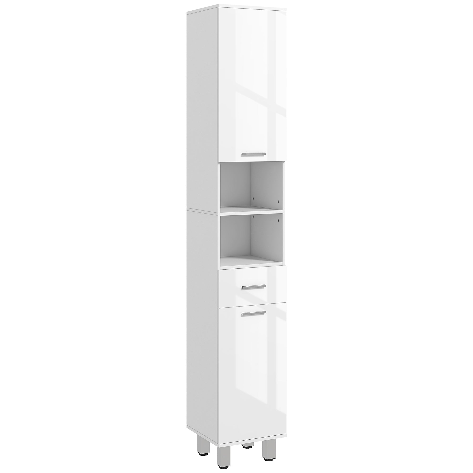 Armoire salle de bain haute, meuble de rangement colonne, placards, tiroir, étagères réglables, niches ouvertes, grand meuble étroit pour toilette, petits espaces, 30x30x180cm, blanc brillant