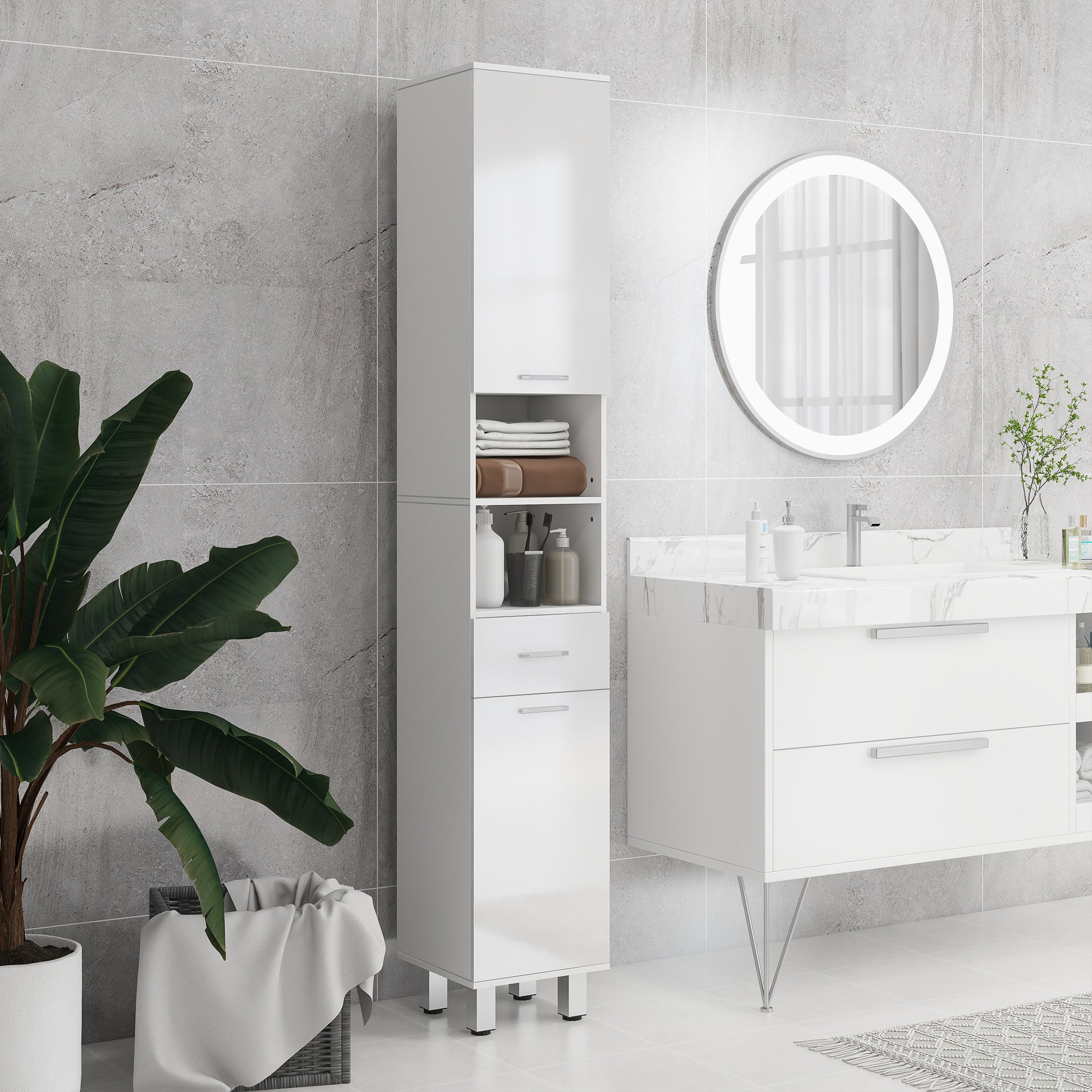 Armoire salle de bain haute, meuble de rangement colonne, placards, tiroir, étagères réglables, niches ouvertes, grand meuble étroit pour toilette, petits espaces, 30x30x180cm, blanc brillant
