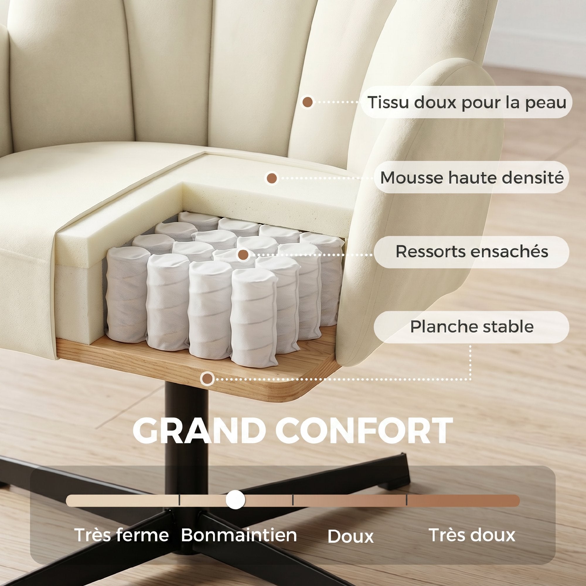 Fauteuil salon pivotant, fauteuil coquillage rembourré en velours avec coussin à ressorts, base en acier, chaise coiffeuse moderne, pour chambre, coins lecture, beige