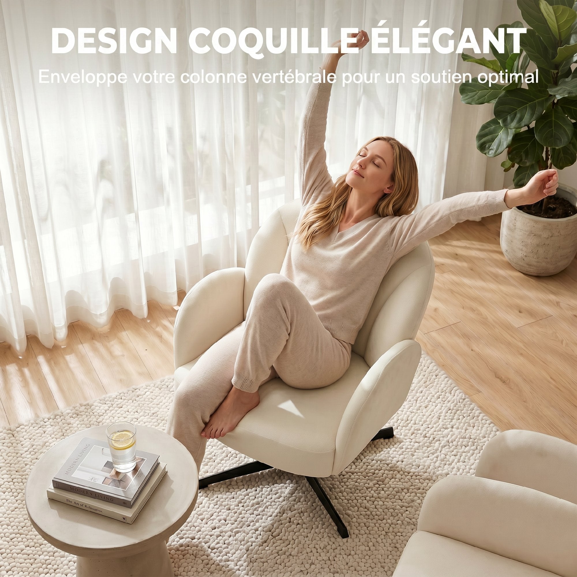 Fauteuil salon pivotant, fauteuil coquillage rembourré en velours avec coussin à ressorts, base en acier, chaise coiffeuse moderne, pour chambre, coins lecture, beige