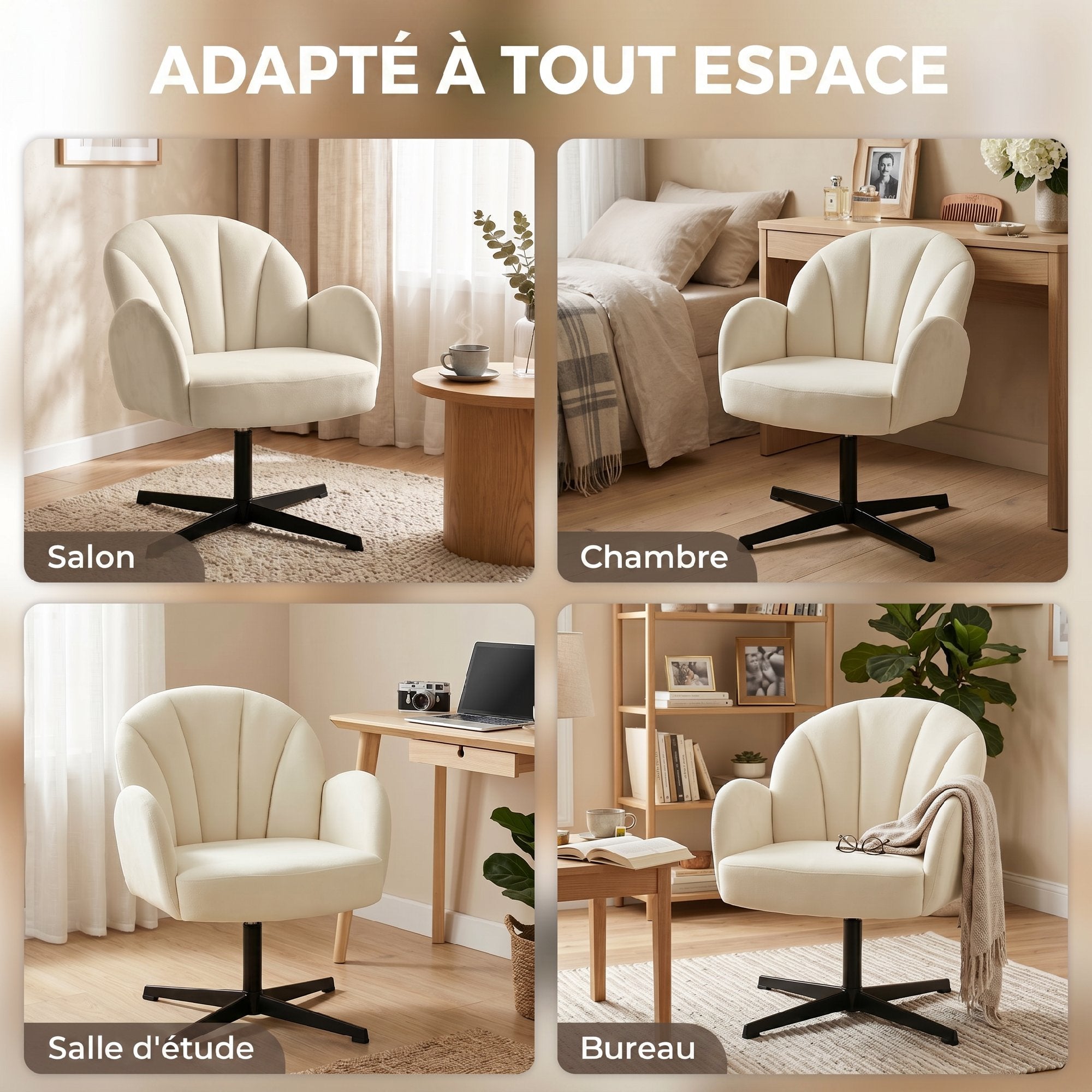 Fauteuil salon pivotant, fauteuil coquillage rembourré en velours avec coussin à ressorts, base en acier, chaise coiffeuse moderne, pour chambre, coins lecture, beige