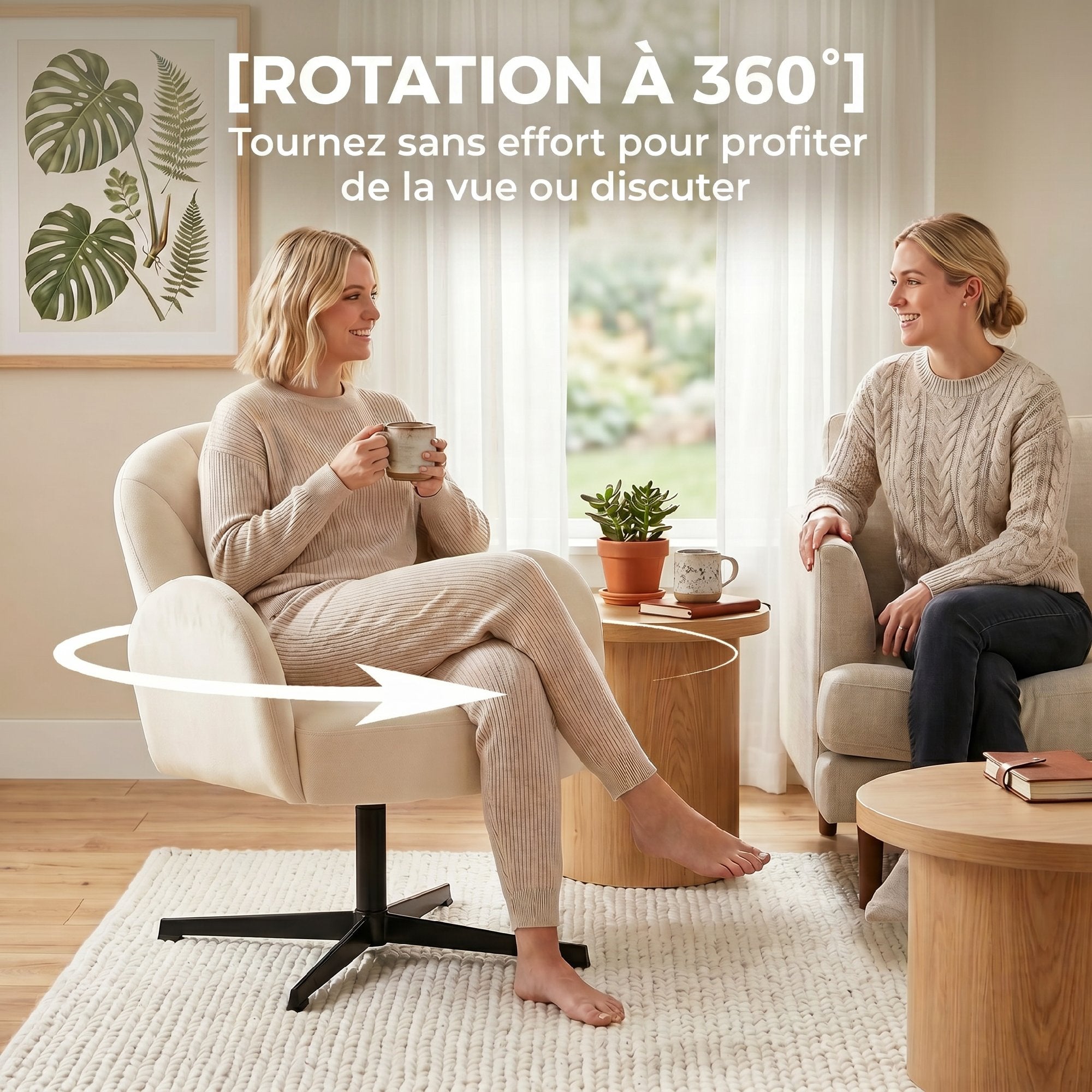 Fauteuil salon pivotant, fauteuil coquillage rembourré en velours avec coussin à ressorts, base en acier, chaise coiffeuse moderne, pour chambre, coins lecture, beige