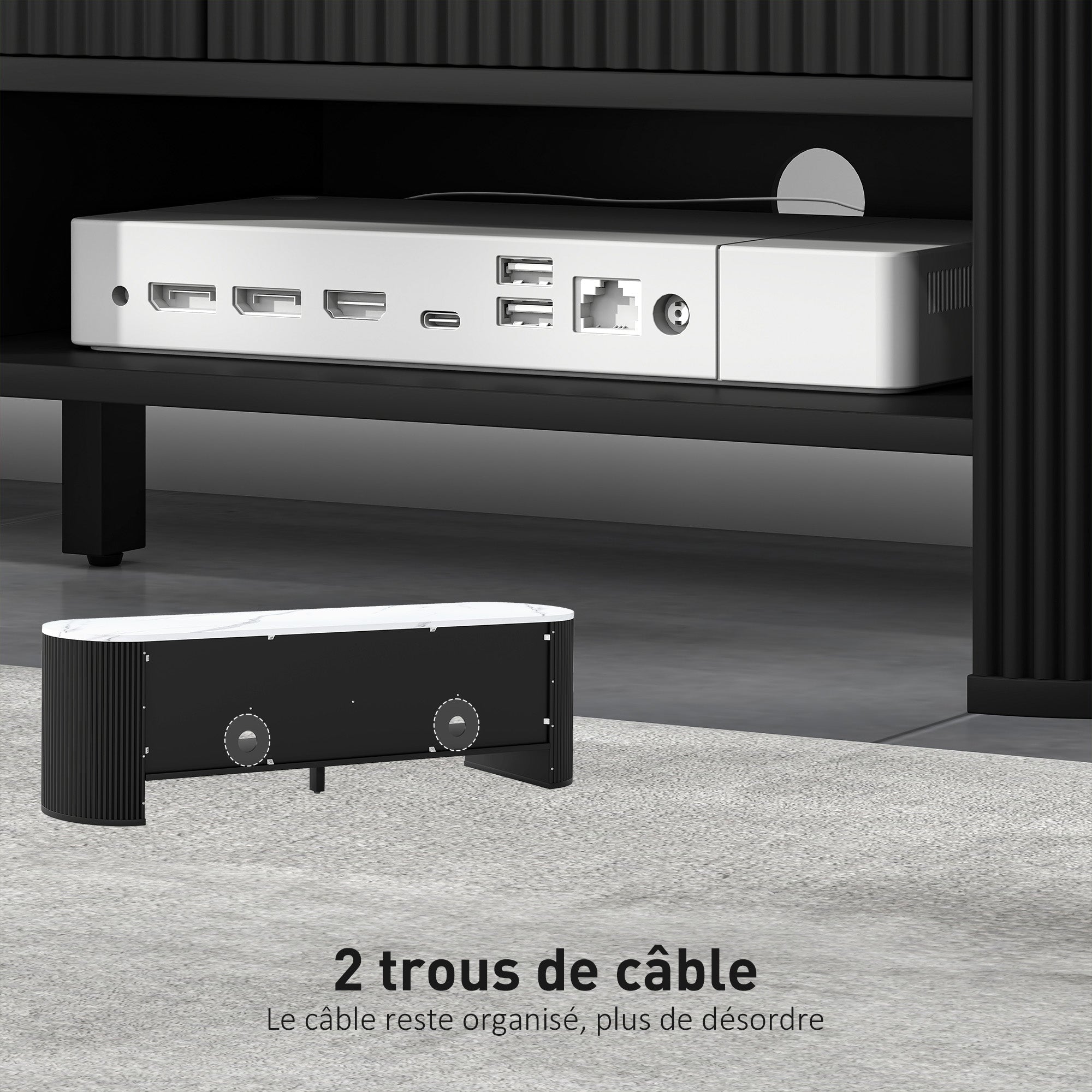 Meuble TV 140 cm, meuble télé pour téléviseur 32-65 pouces effet marbre avec 3 tiroirs façades à cannelures, 2 étagères ouvertes et 2 trous pour câbles, banc TV moderne, noir