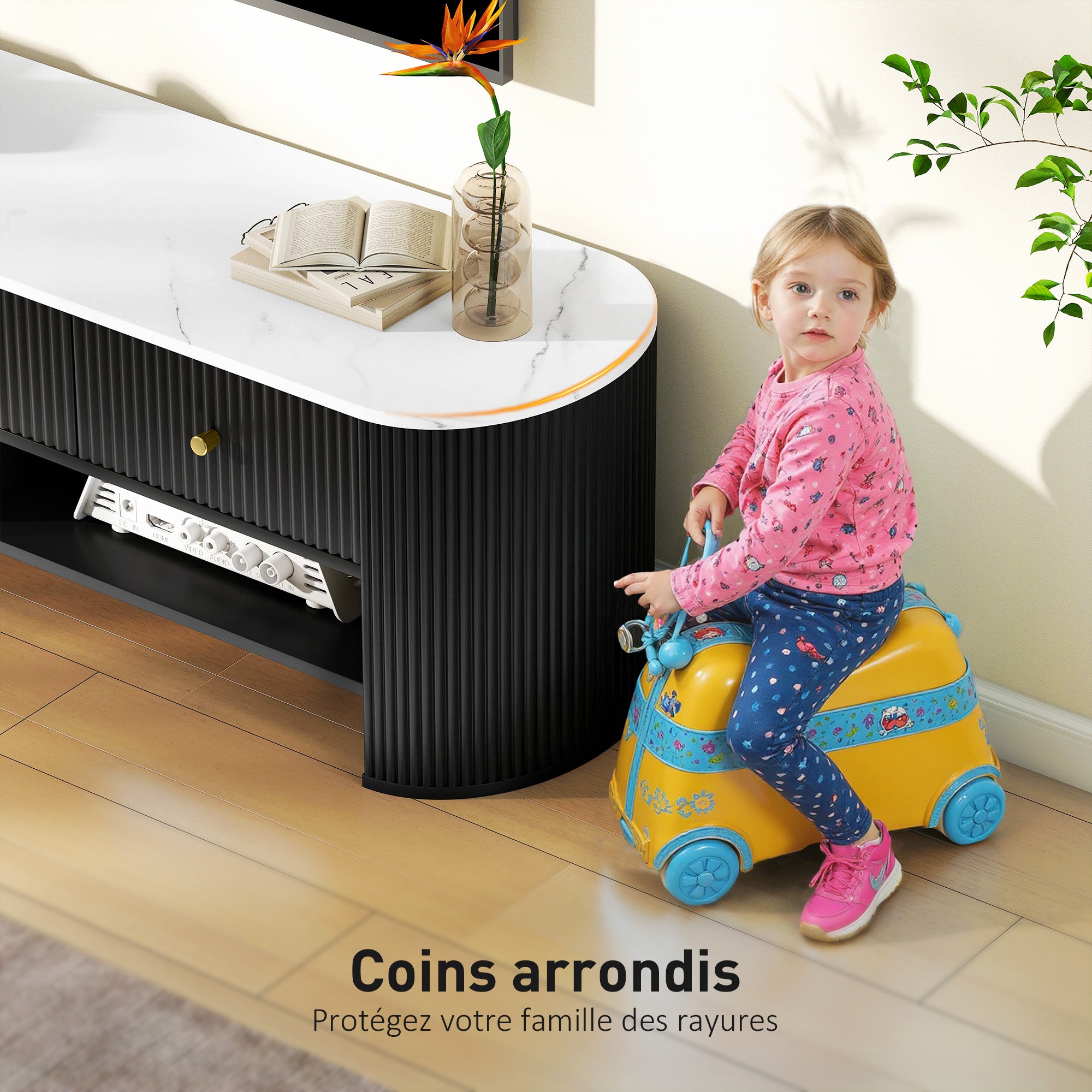 Meuble TV 140 cm, meuble télé pour téléviseur 32-65 pouces effet marbre avec 3 tiroirs façades à cannelures, 2 étagères ouvertes et 2 trous pour câbles, banc TV moderne, noir