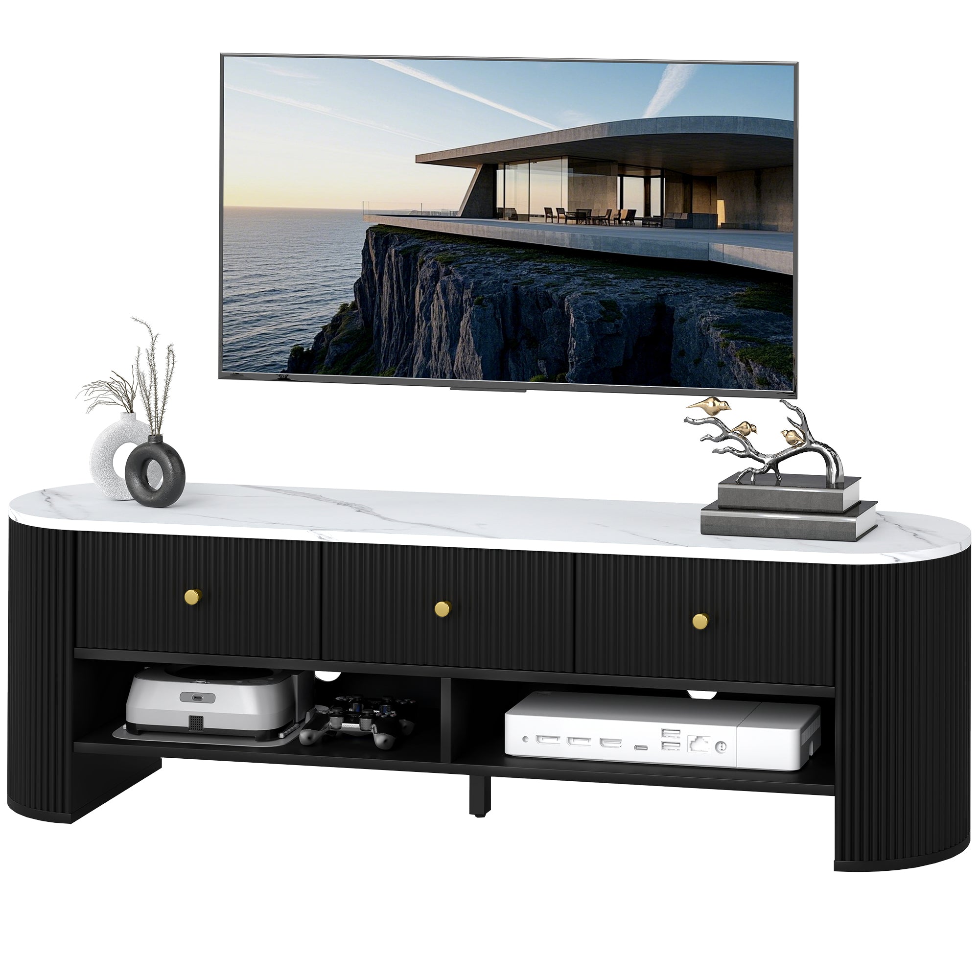 Meuble TV 140 cm, meuble télé pour téléviseur 32-65 pouces effet marbre avec 3 tiroirs façades à cannelures, 2 étagères ouvertes et 2 trous pour câbles, banc TV moderne, noir