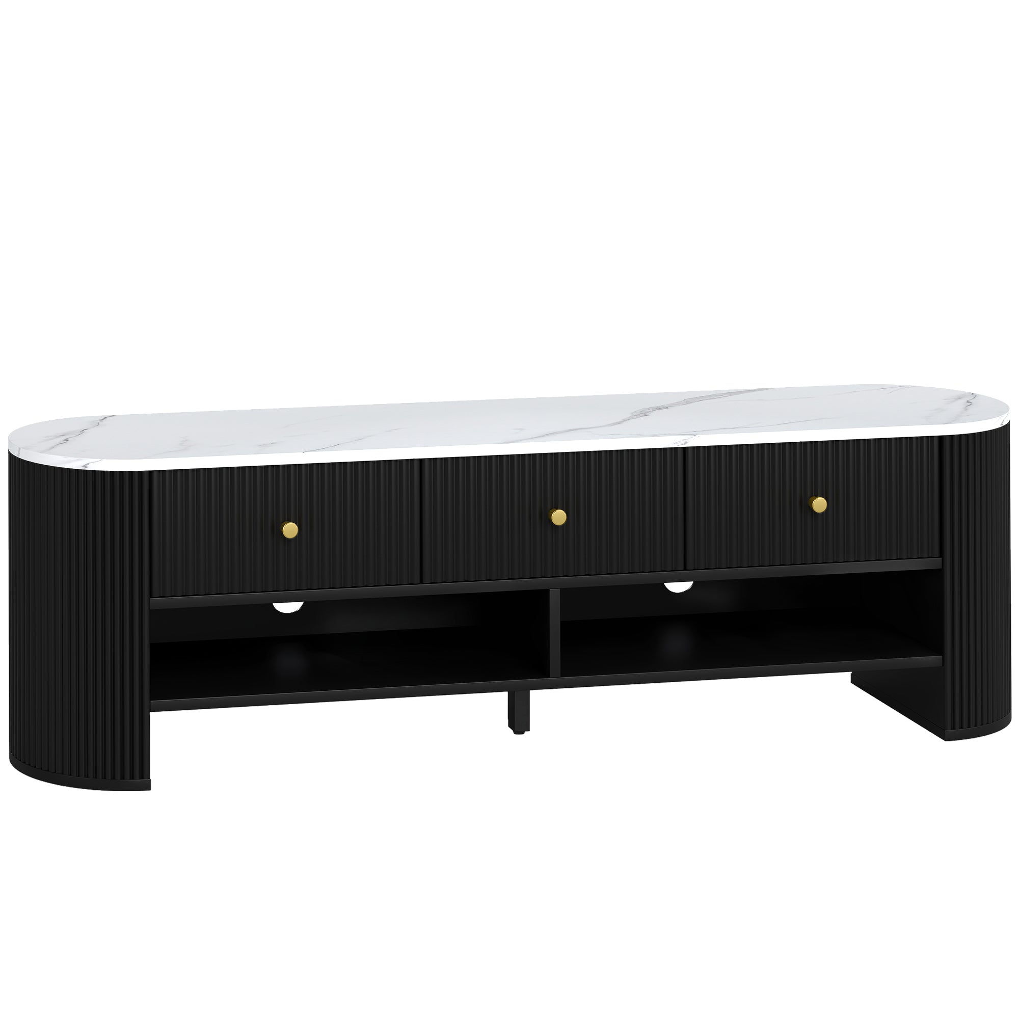 Meuble TV 140 cm, meuble télé pour téléviseur 32-65 pouces effet marbre avec 3 tiroirs façades à cannelures, 2 étagères ouvertes et 2 trous pour câbles, banc TV moderne, noir