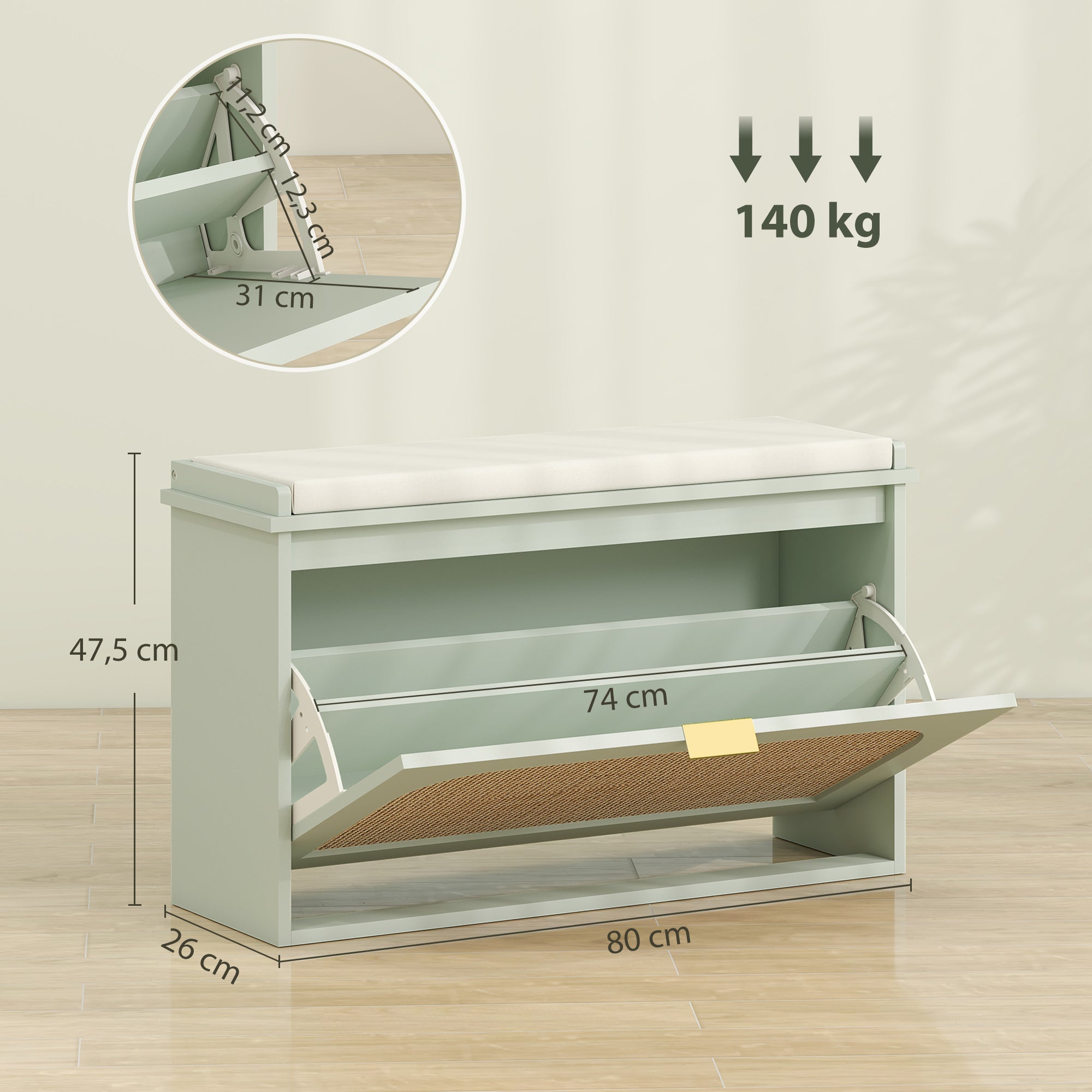 Banc chaussures entrée, banc de rangement étroit, assise rembourrée, porte en rotin, tiroir rabattable et étagère réglable, style bohème, pour entrée, couloir, 80 x 26 x 47,5 cm, vert