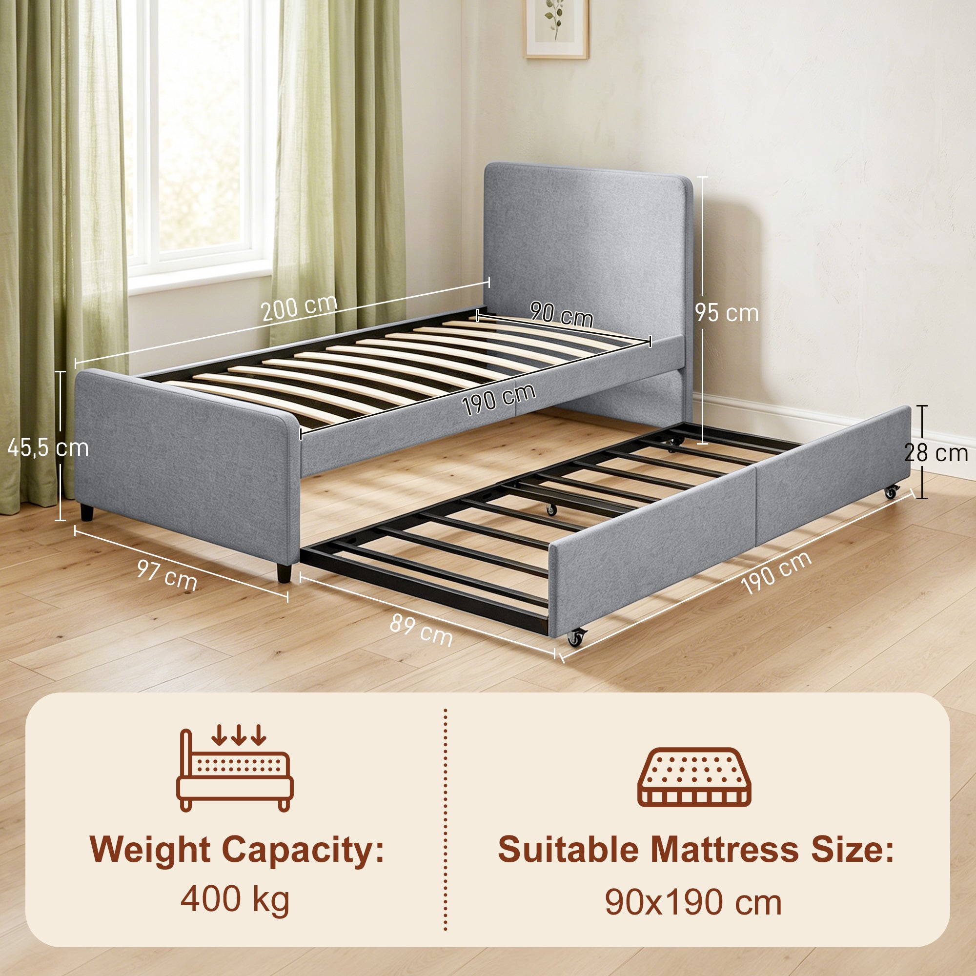 Lit gigogne 90 x 190 cm, cadre de lit simple/double avec sommier à lattes en métal, tête et pied rembourrés en tissu aspect lin, charge 400 Kg, montage facile, gris clair (sans matelas)
