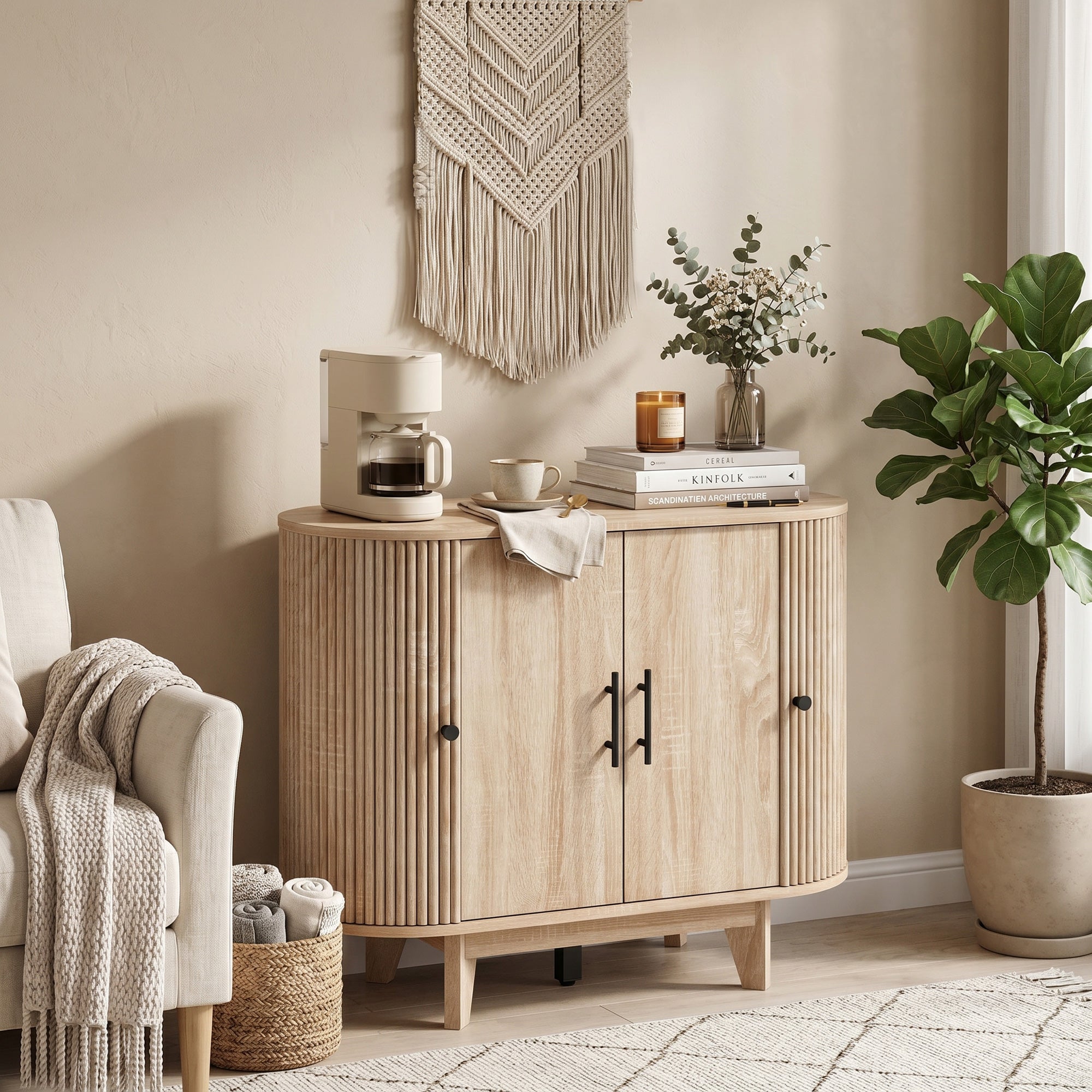 Buffet salon, meuble de rangement ovale avec 4 portes et étagères réglables, 5 pieds stables, style moderne, buffet salle à manger et cuisine, 90 x 40 x 76 cm, chêne