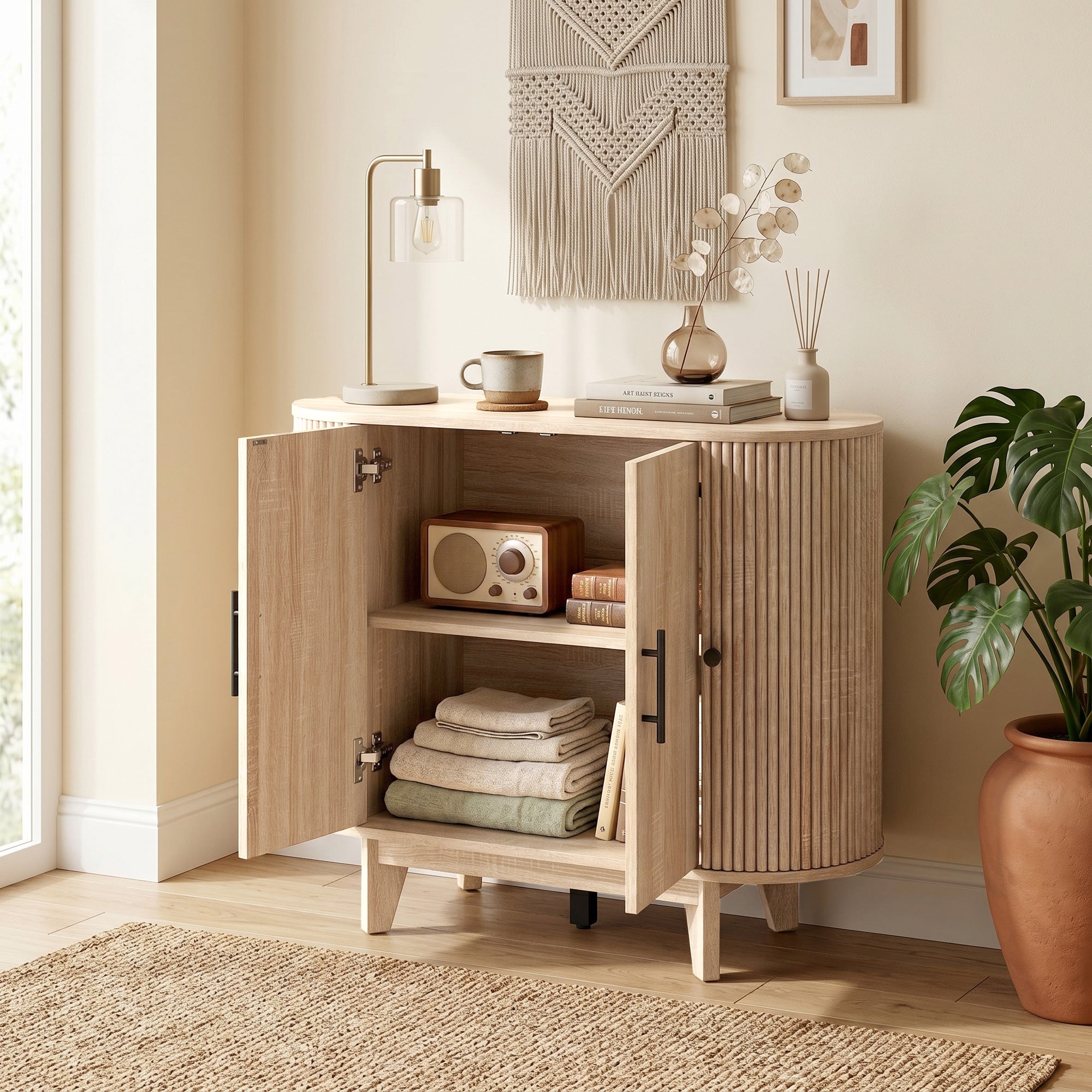 Buffet salon, meuble de rangement ovale avec 4 portes et étagères réglables, 5 pieds stables, style moderne, buffet salle à manger et cuisine, 90 x 40 x 76 cm, chêne