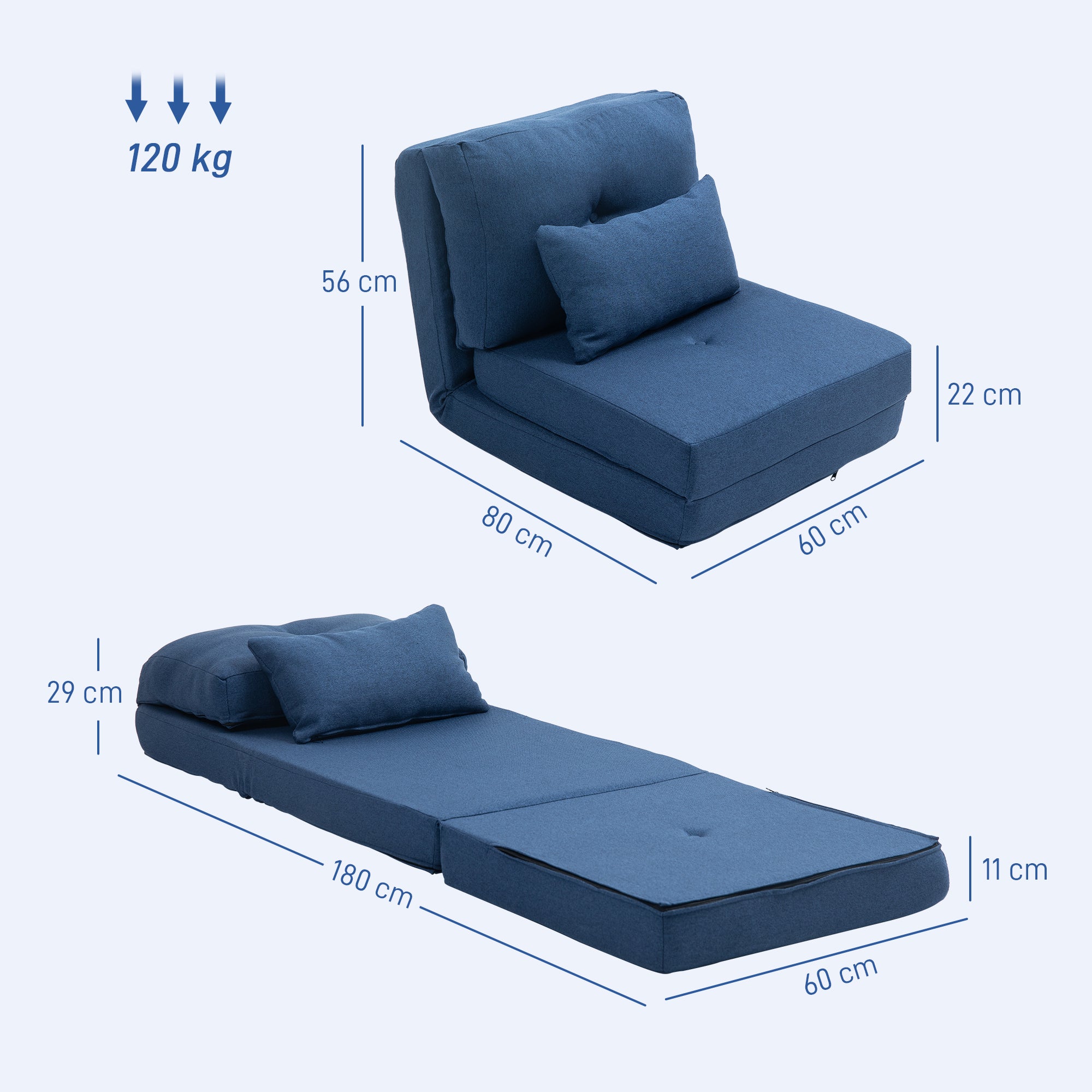 Fauteuil convertible 1 place fauteuil paresseux lit chauffeuse 1 place - coussin inclus, dossier réglable - salon, charge 120 kg, tissu lin bleu foncé