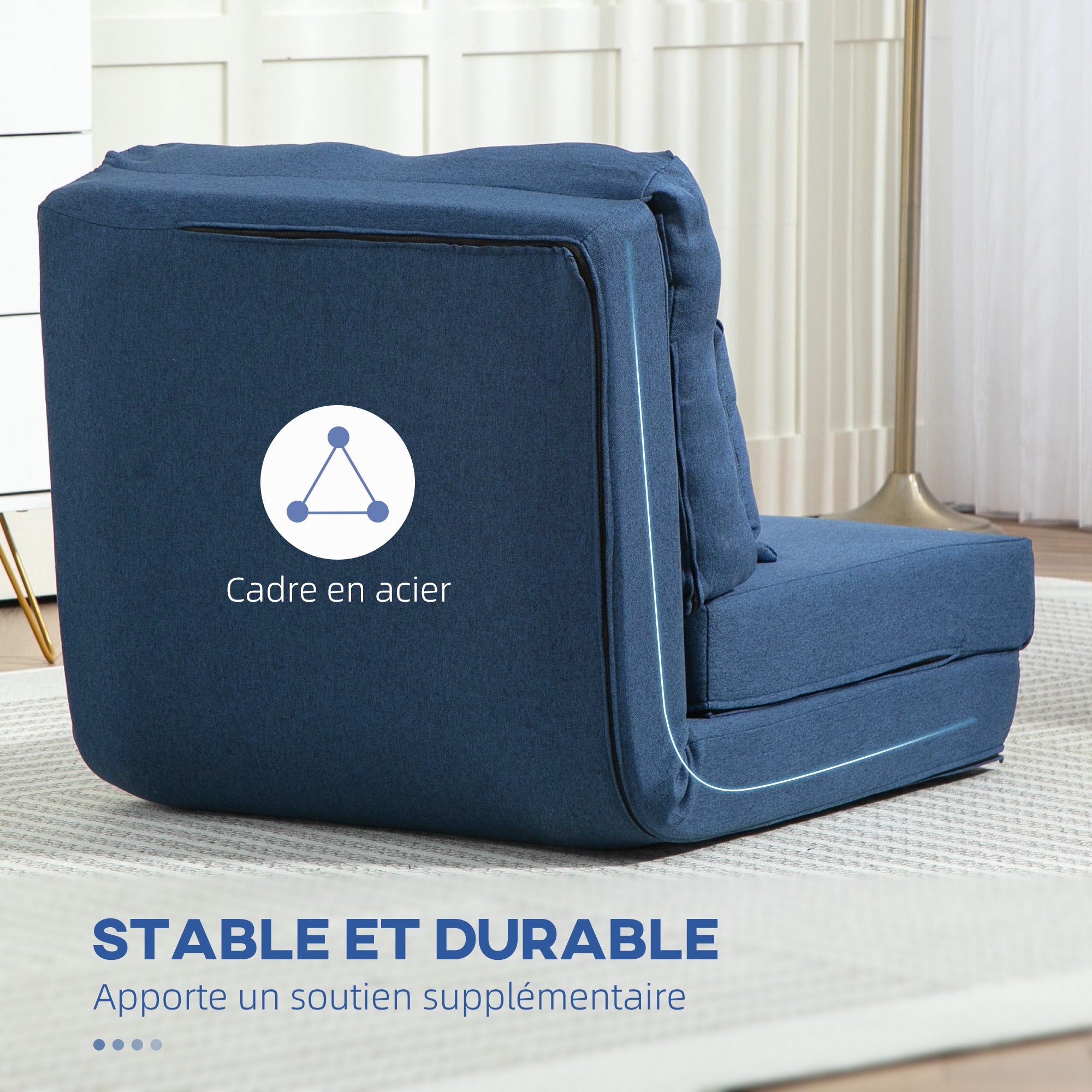 Fauteuil convertible 1 place fauteuil paresseux lit chauffeuse 1 place - coussin inclus, dossier réglable - salon, charge 120 kg, tissu lin bleu foncé
