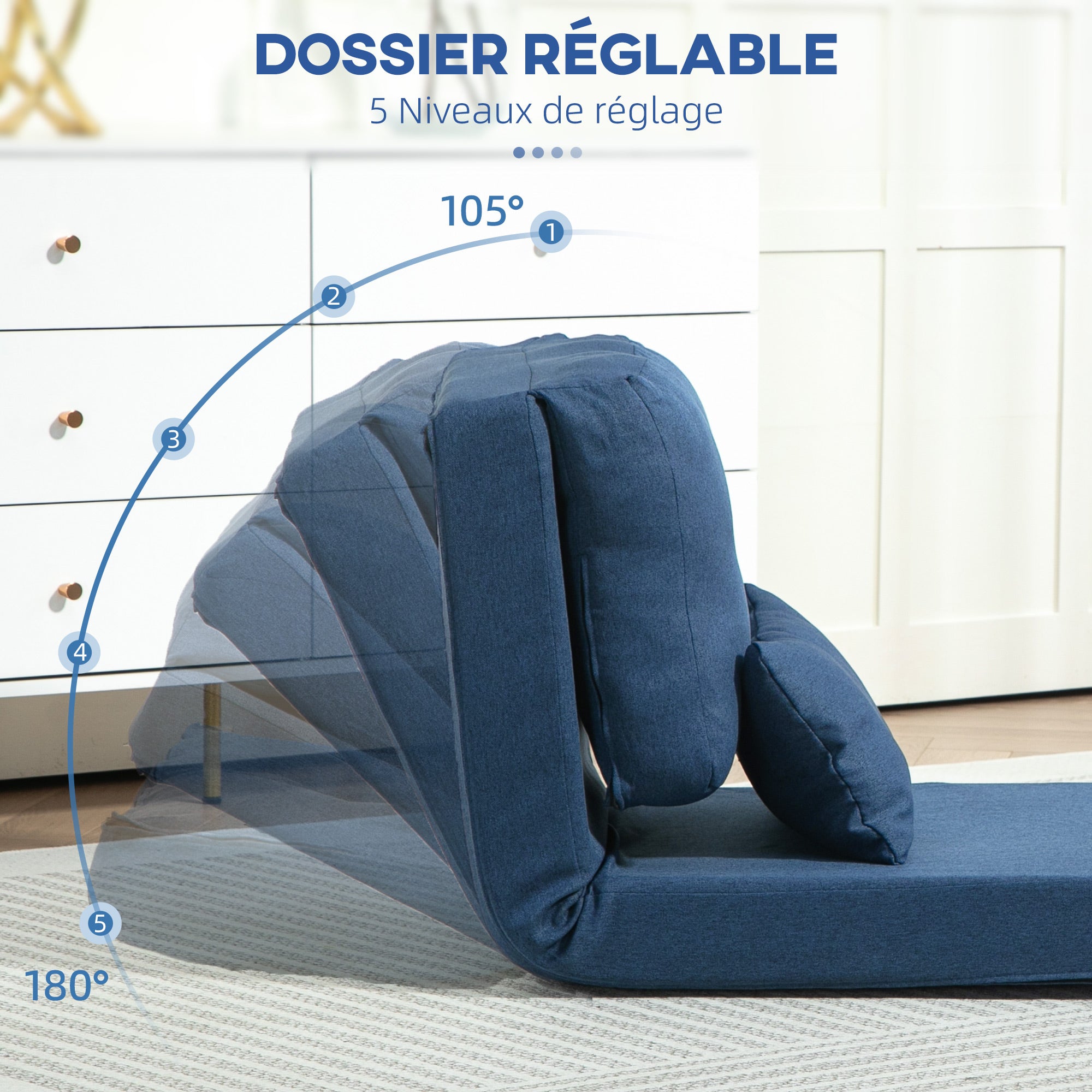 Fauteuil convertible 1 place fauteuil paresseux lit chauffeuse 1 place - coussin inclus, dossier réglable - salon, charge 120 kg, tissu lin bleu foncé