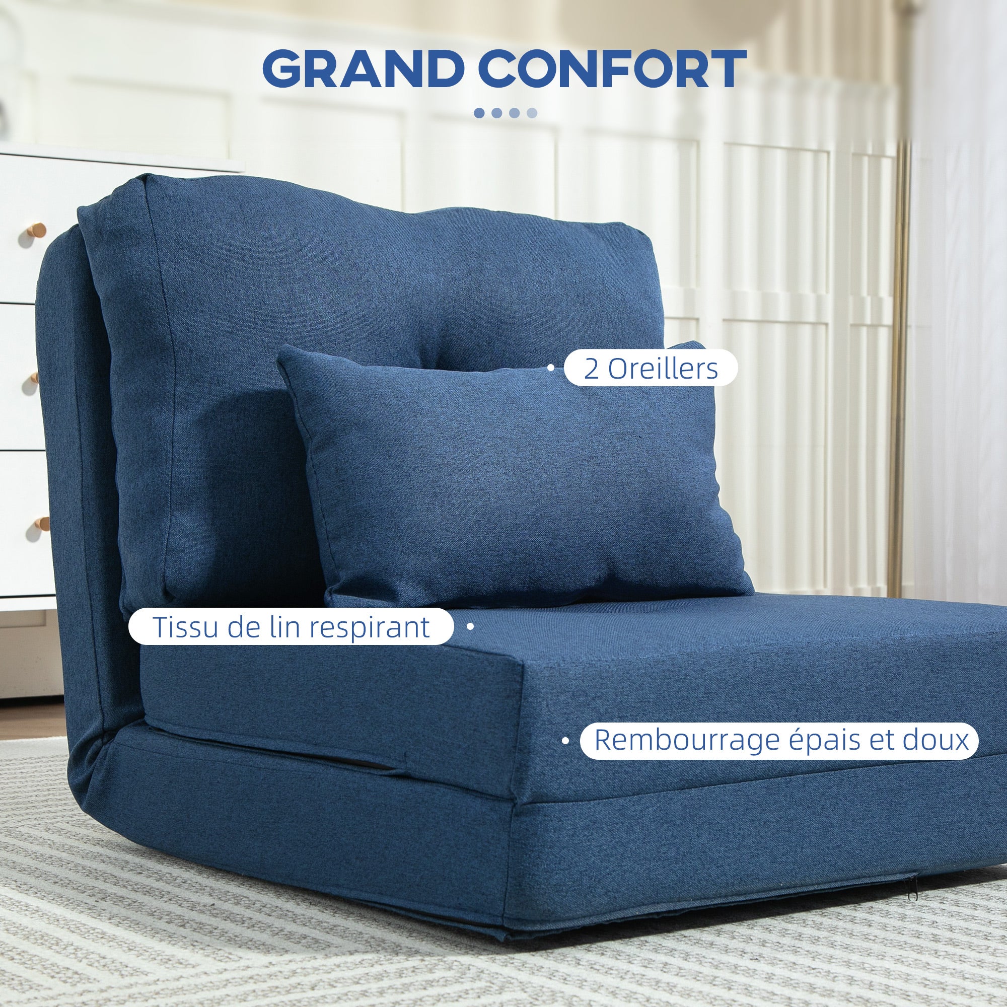 Fauteuil convertible 1 place fauteuil paresseux lit chauffeuse 1 place - coussin inclus, dossier réglable - salon, charge 120 kg, tissu lin bleu foncé