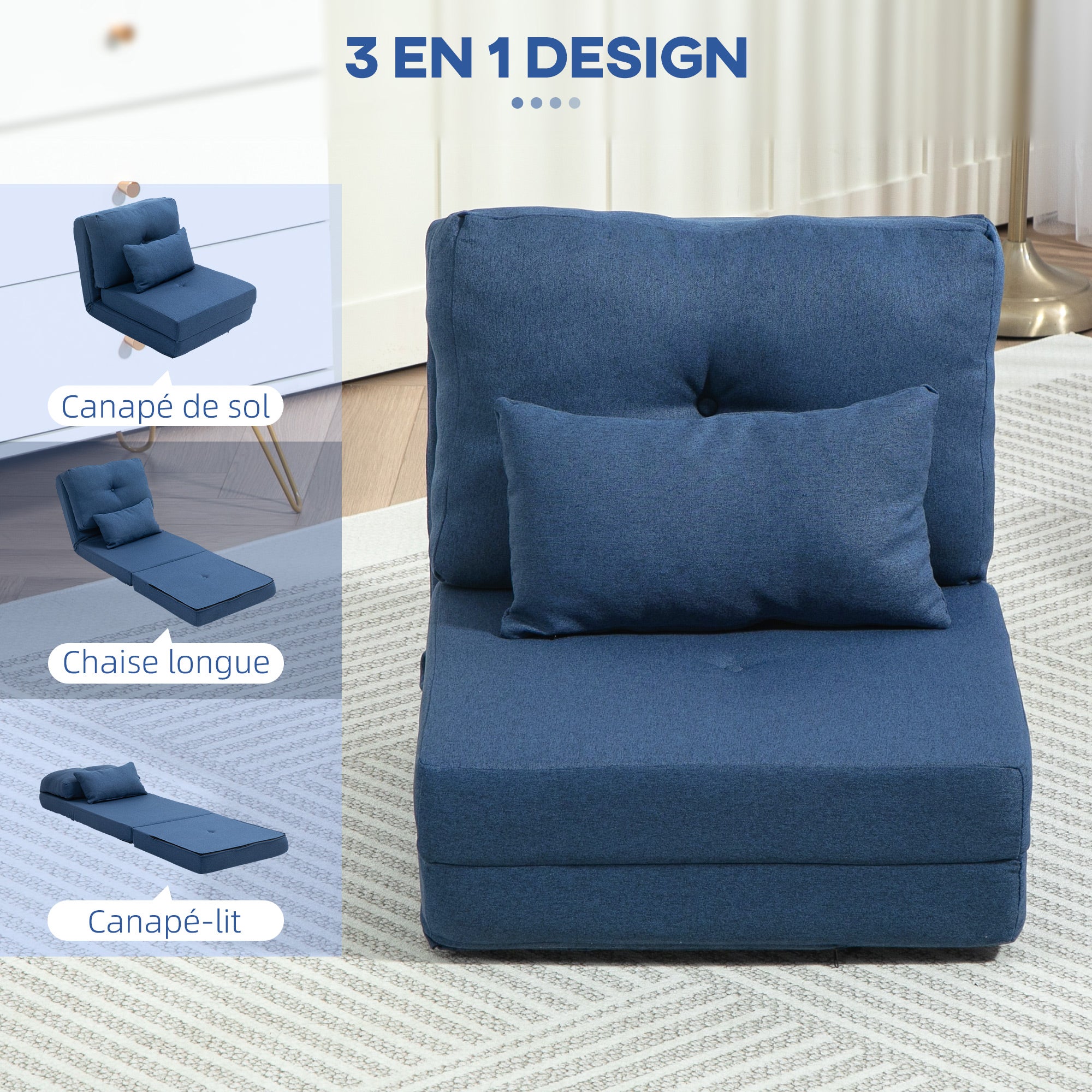 Fauteuil convertible 1 place fauteuil paresseux lit chauffeuse 1 place - coussin inclus, dossier réglable - salon, charge 120 kg, tissu lin bleu foncé