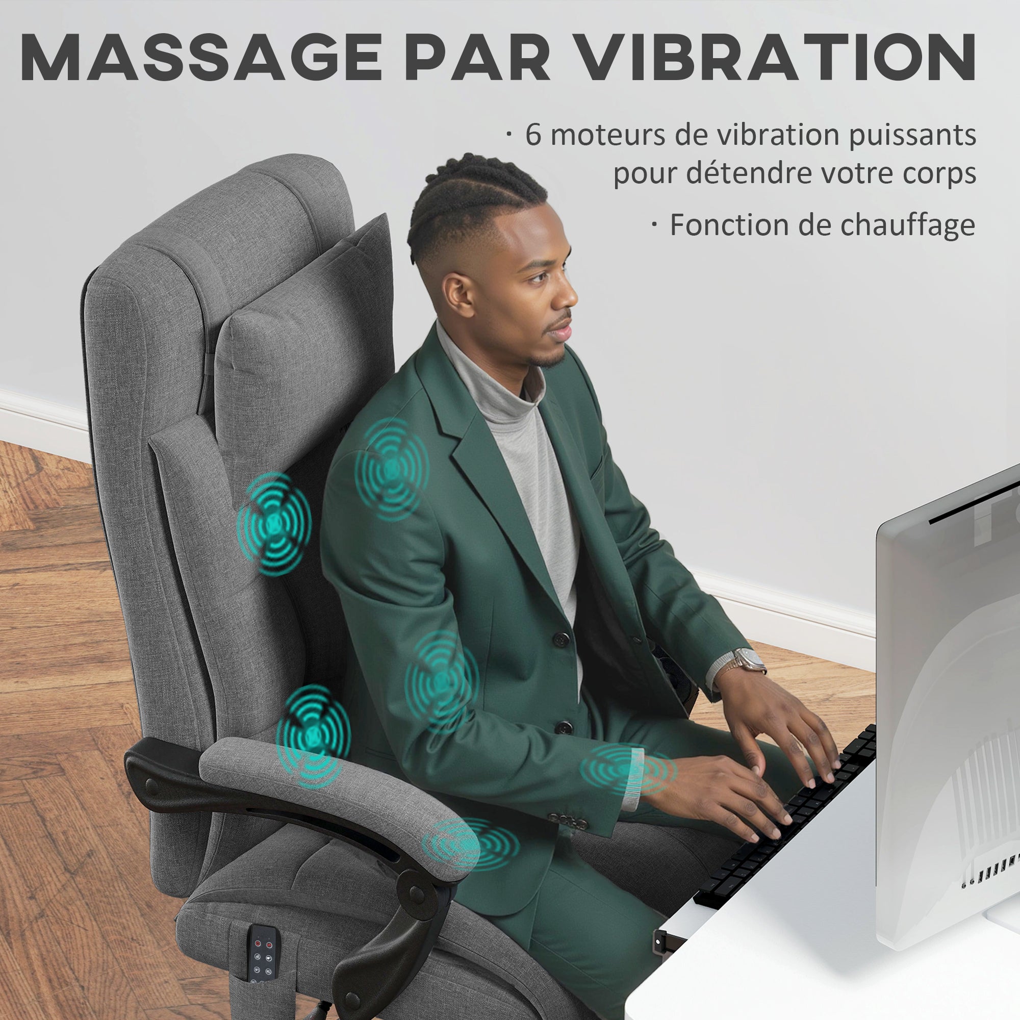 Fauteuil de bureau avec massage et chauffant, chaise de bureau ergonomique, repose-pied, vérin à gaz TUV, appuie-tête amovible et dossier inclinable, hauteur réglable, gris