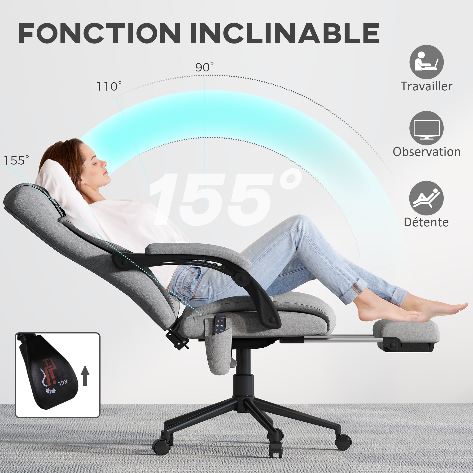 Fauteuil de bureau avec massage et chauffant, chaise de bureau ergonomique, repose-pied, vérin à gaz TUV, appuie-tête amovible et dossier inclinable, hauteur réglable, gris