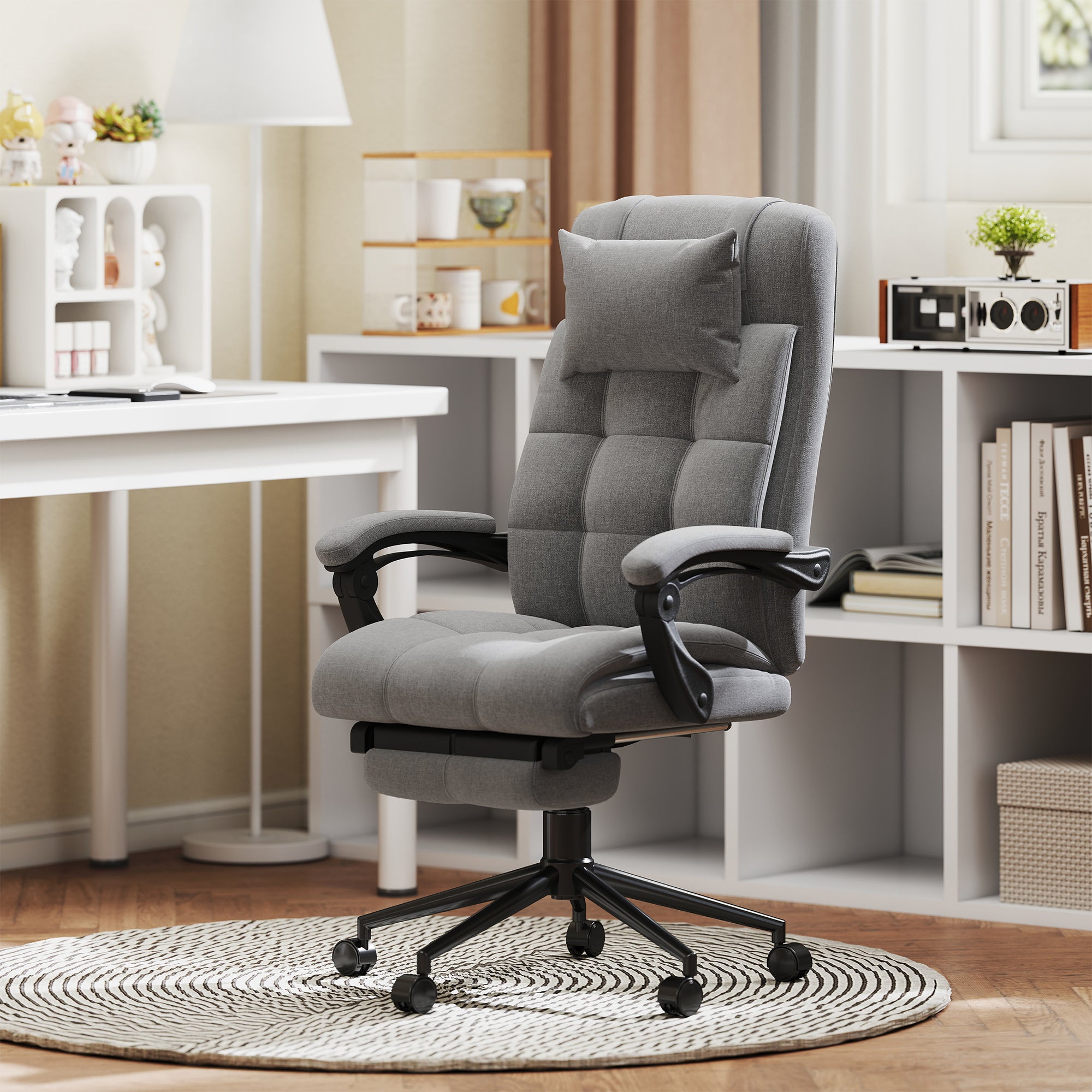 Fauteuil de bureau avec massage et chauffant, chaise de bureau ergonomique, repose-pied, vérin à gaz TUV, appuie-tête amovible et dossier inclinable, hauteur réglable, gris