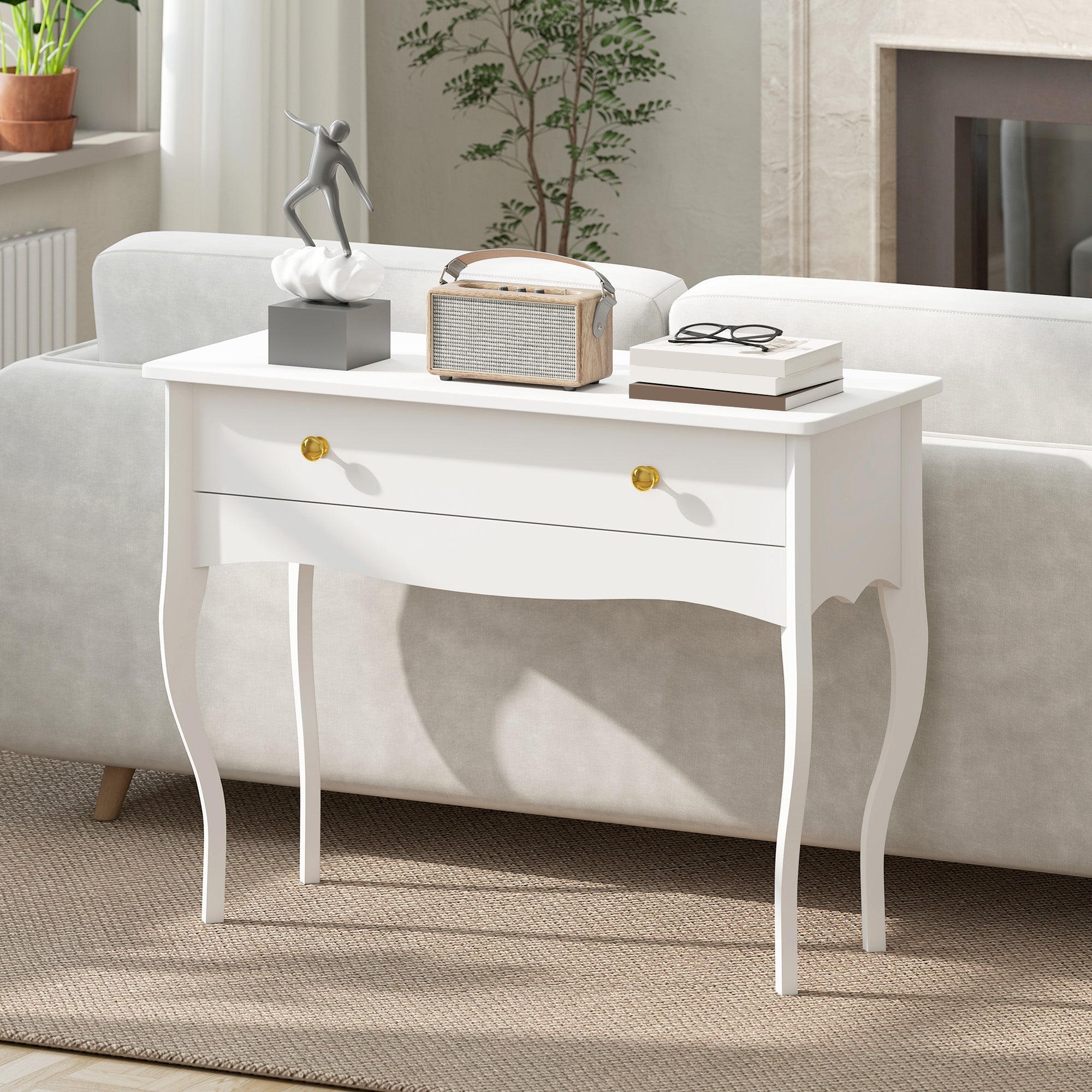 Coiffeuse, table de maquillage avec grand tiroir et pieds cabriole, bureau coiffeuse pour chambre à coucher, 100 x 40 x 74 cm, blanc