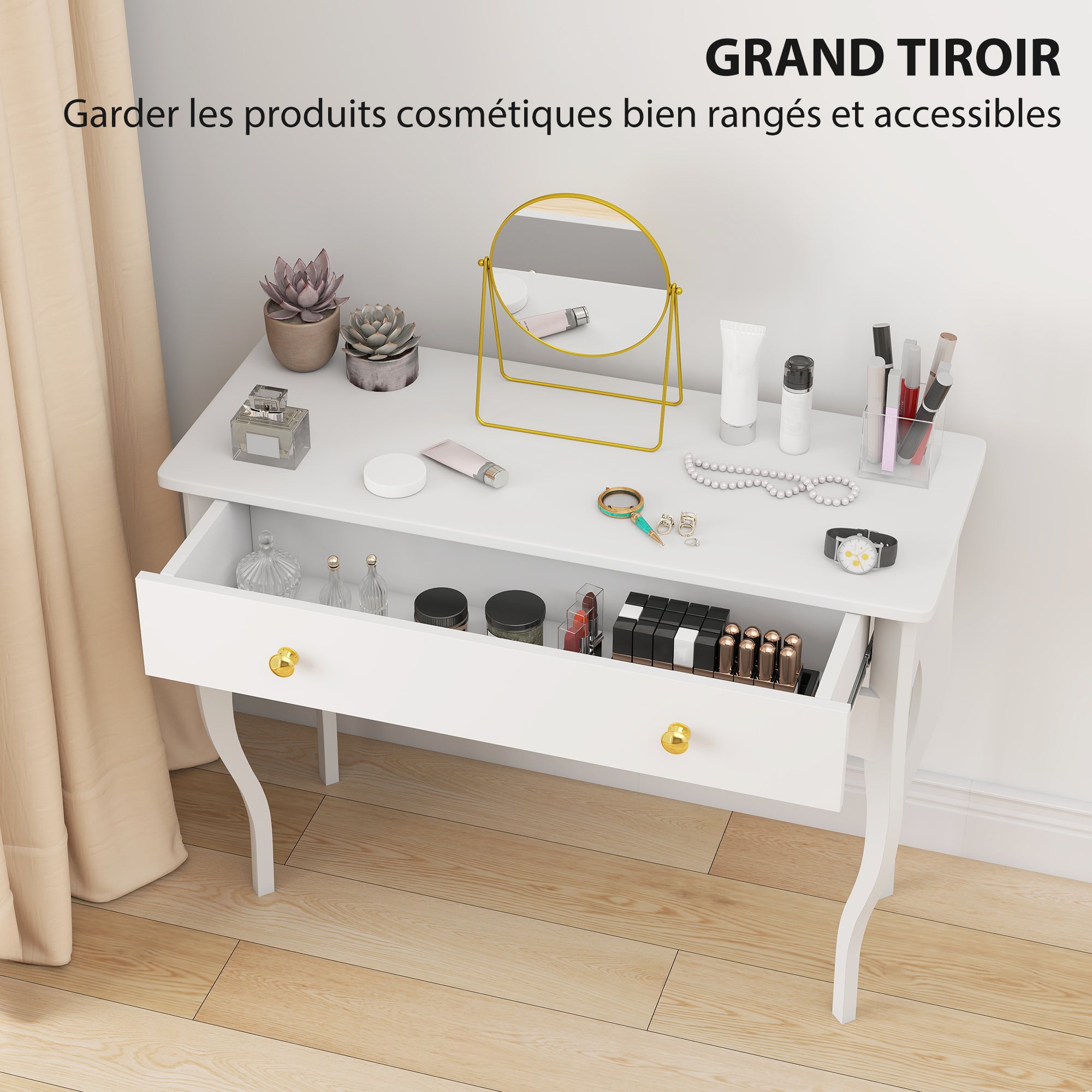 Coiffeuse, table de maquillage avec grand tiroir et pieds cabriole, bureau coiffeuse pour chambre à coucher, 100 x 40 x 74 cm, blanc