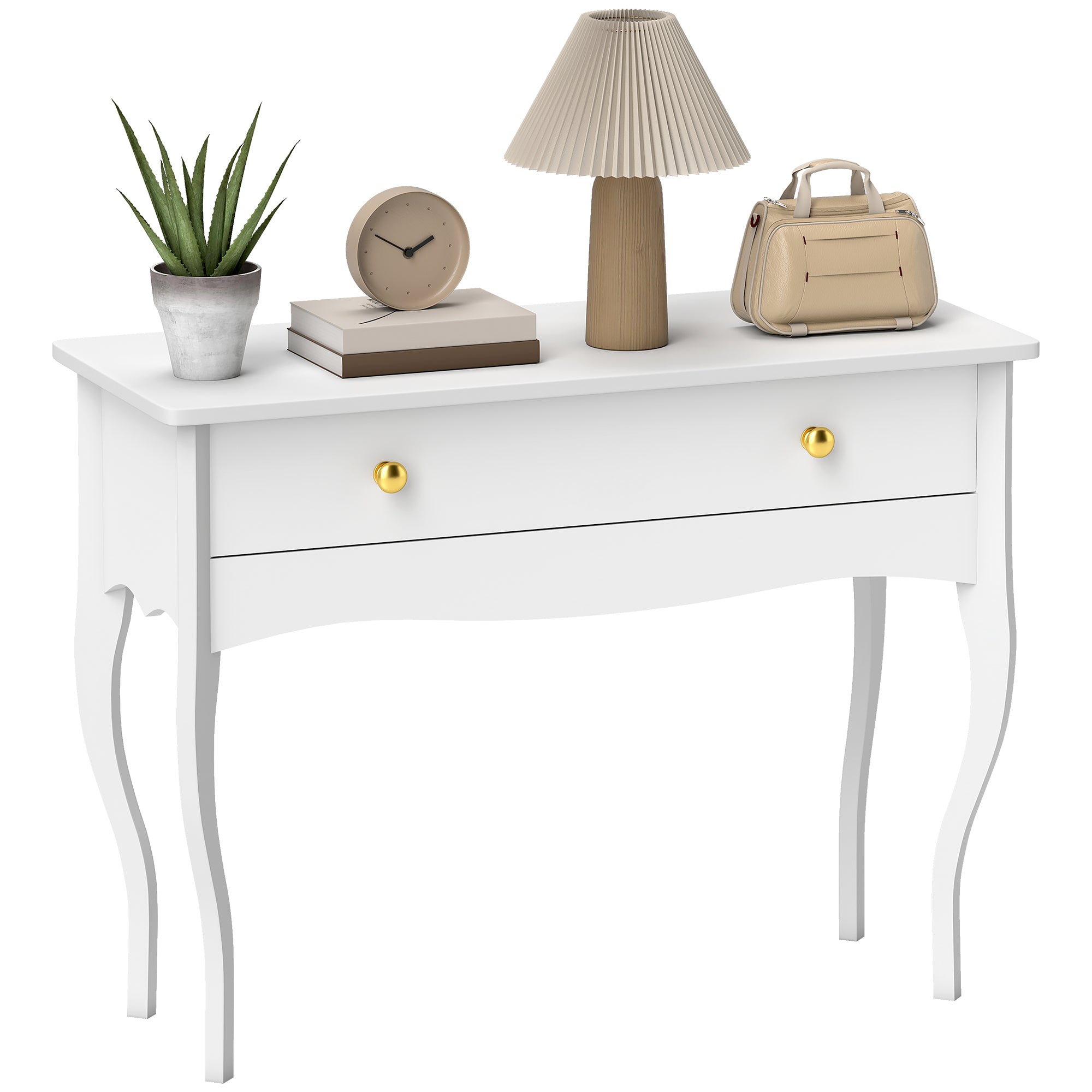 Coiffeuse, table de maquillage avec grand tiroir et pieds cabriole, bureau coiffeuse pour chambre à coucher, 100 x 40 x 74 cm, blanc