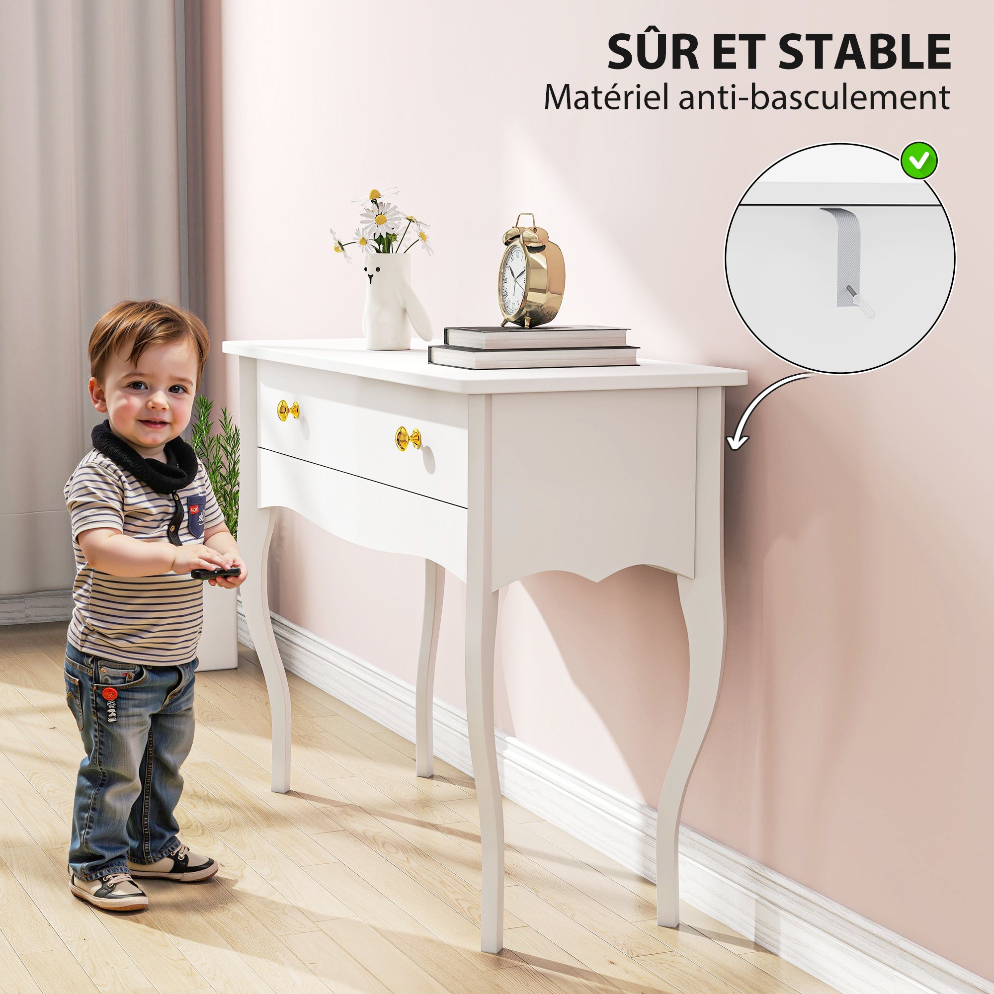 Coiffeuse, table de maquillage avec grand tiroir et pieds cabriole, bureau coiffeuse pour chambre à coucher, 100 x 40 x 74 cm, blanc