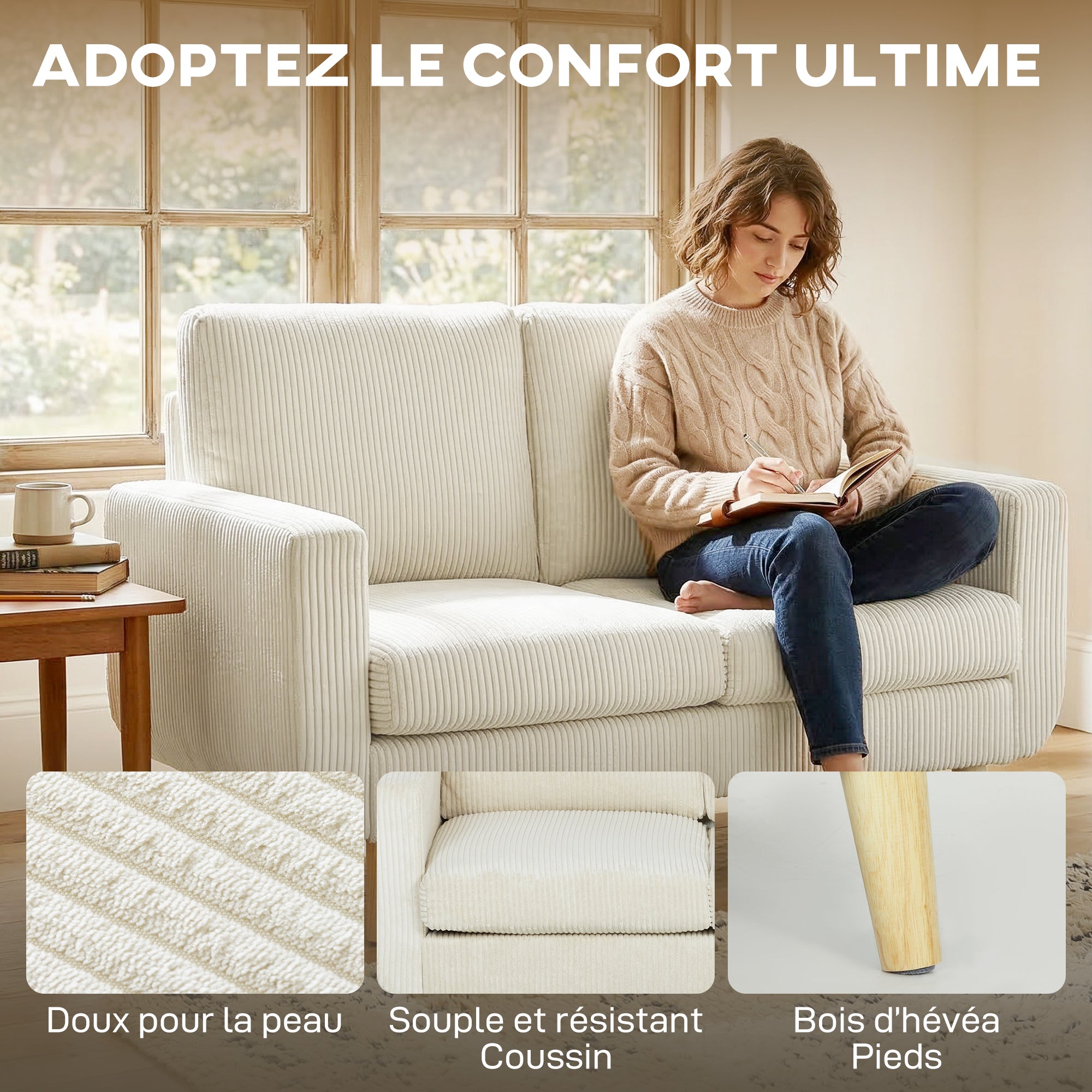 Canapé 2 places en velours côtelé, canapé de salon moderne 134 cm, assise rembourrée, coussin à ressorts, dossier épais, pieds en bois d'hévéa, pour chambre, appartement, petit espace, crème