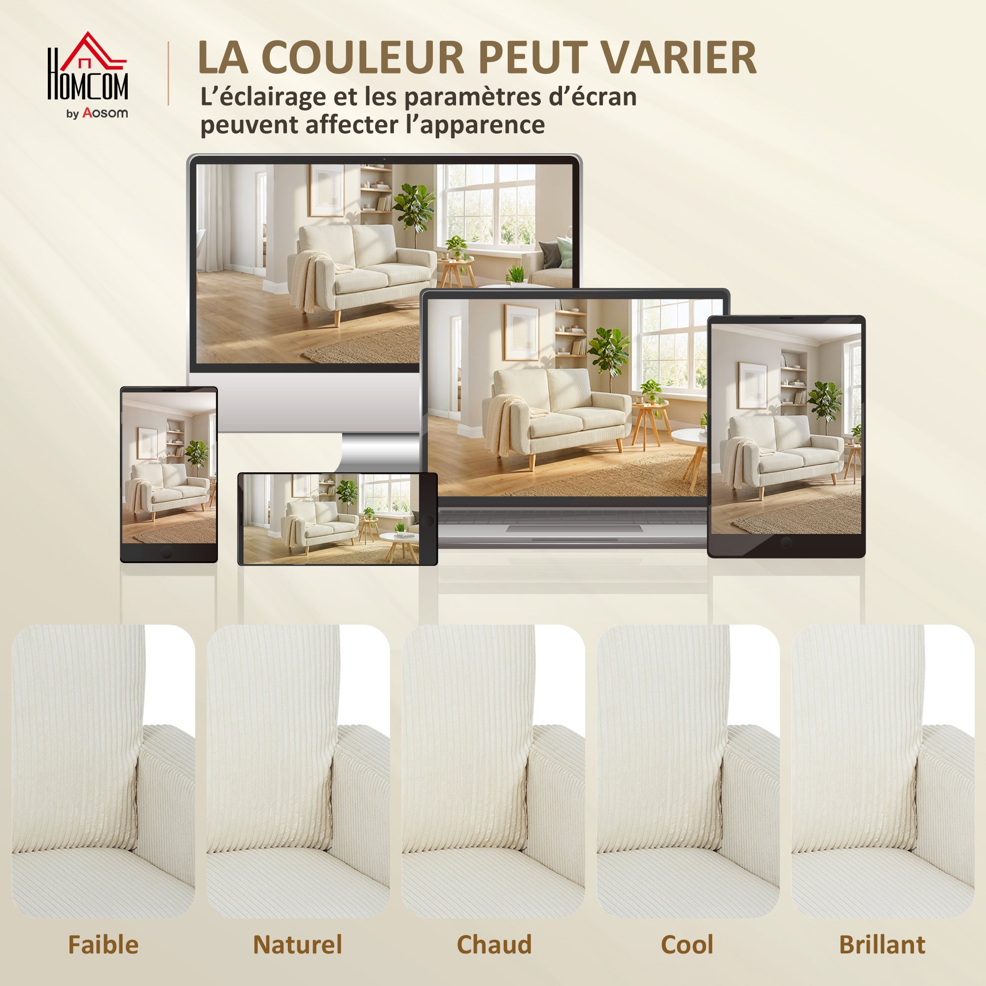 Canapé 2 places en velours côtelé, canapé de salon moderne 134 cm, assise rembourrée, coussin à ressorts, dossier épais, pieds en bois d'hévéa, pour chambre, appartement, petit espace, crème
