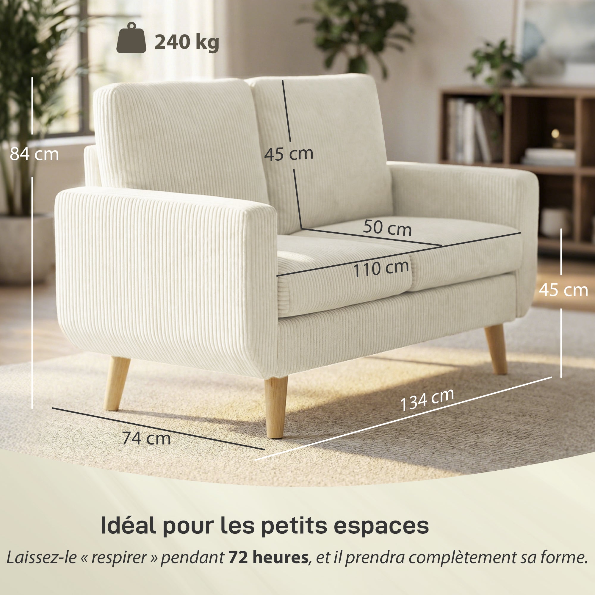 Canapé 2 places en velours côtelé, canapé de salon moderne 134 cm, assise rembourrée, coussin à ressorts, dossier épais, pieds en bois d'hévéa, pour chambre, appartement, petit espace, crème