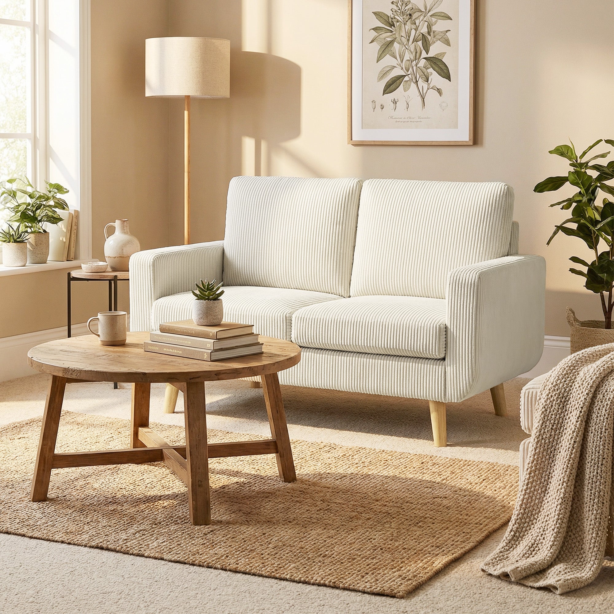 Canapé 2 places en velours côtelé, canapé de salon moderne 134 cm, assise rembourrée, coussin à ressorts, dossier épais, pieds en bois d'hévéa, pour chambre, appartement, petit espace, crème