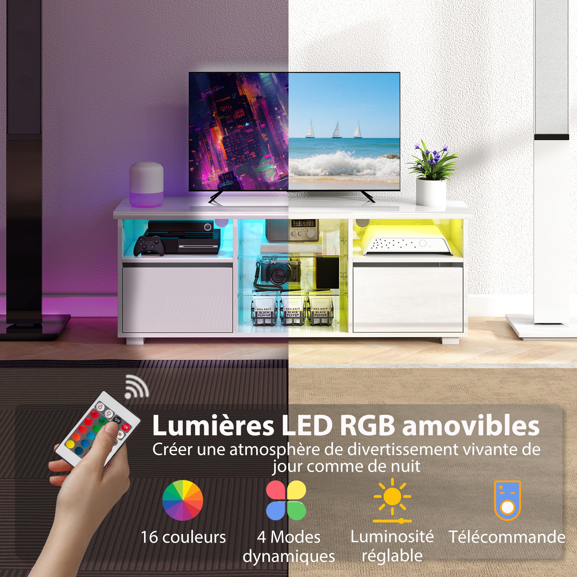 Meuble TV 120 cm, meuble télé pour téléviseur jusqu'à 55 pouces avec éclairage LED et télécommande, étagères en verre réglables, compartiments ouverts et passe-câbles, banc TV pour salon blanc